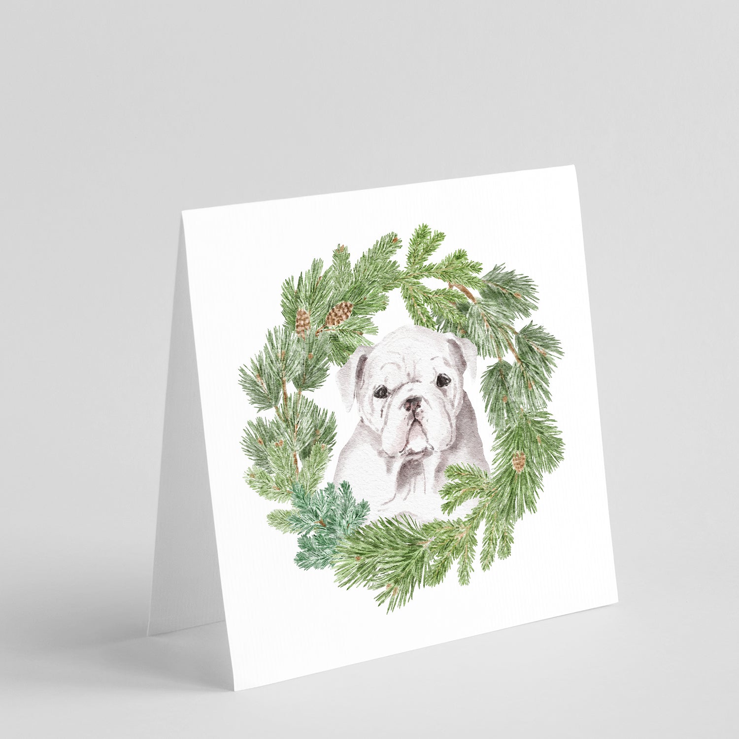 Buy this Bulldog Puppy White with Christmas Wreath Square Greeting Cards and Envelopes Pack of 8