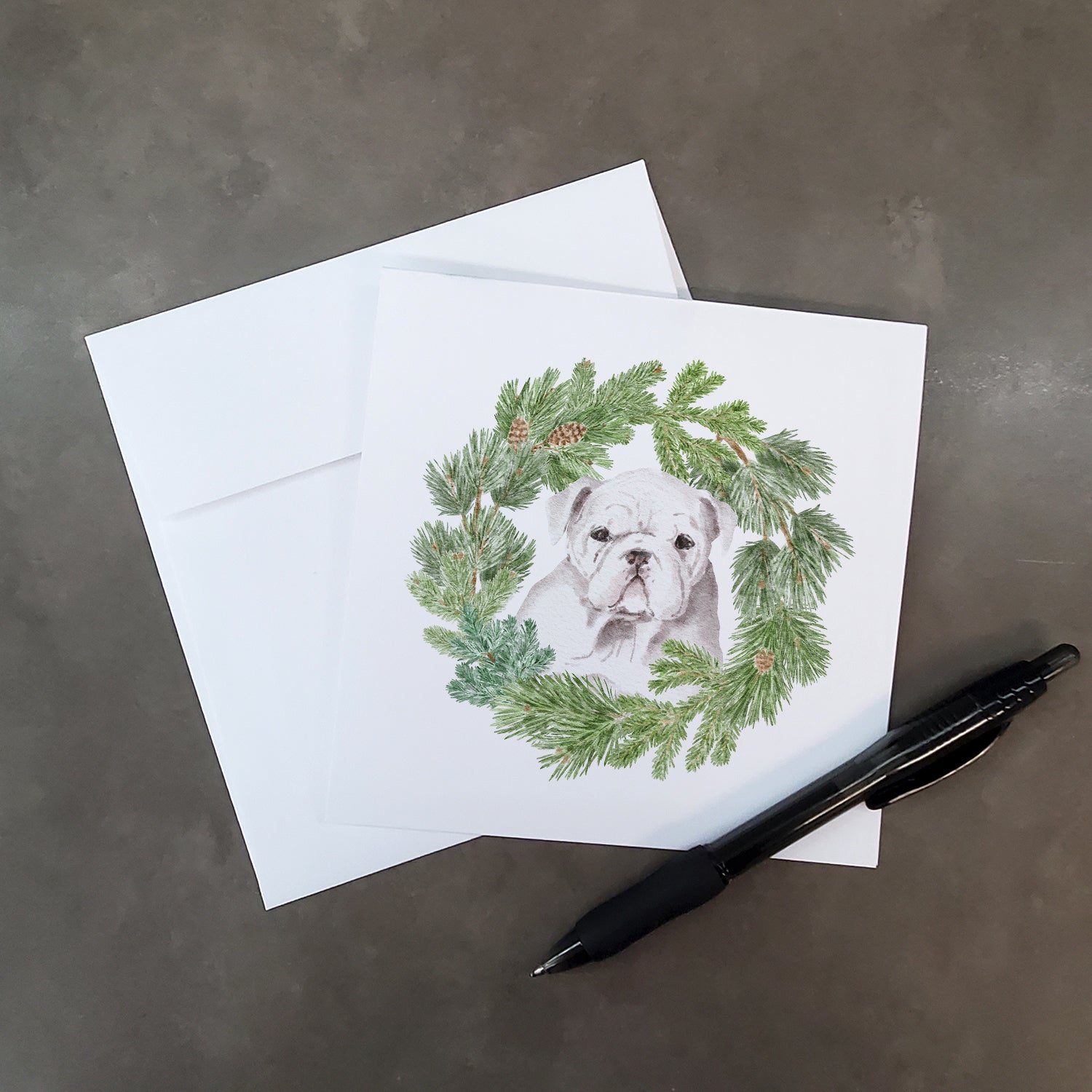 Bulldog Puppy White with Christmas Wreath Square Greeting Cards and Envelopes Pack of 8 - the-store.com