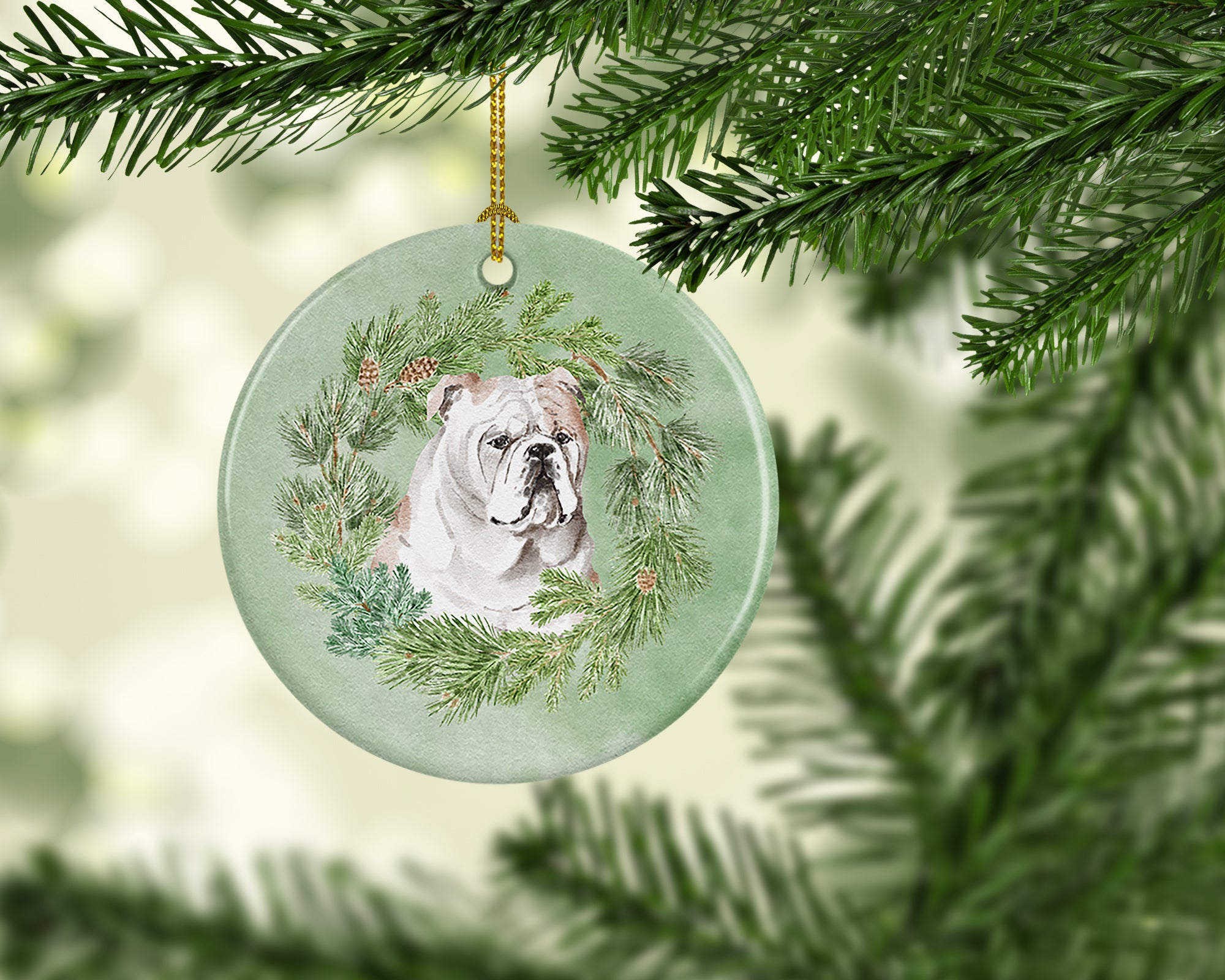 Buy this Bulldog Fawn Christmas Wreath Ceramic Ornament