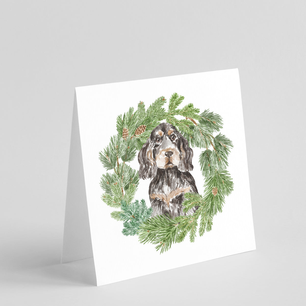 Buy this Cocker Spaniel Black and Tan with Christmas Wreath Square Greeting Cards and Envelopes Pack of 8