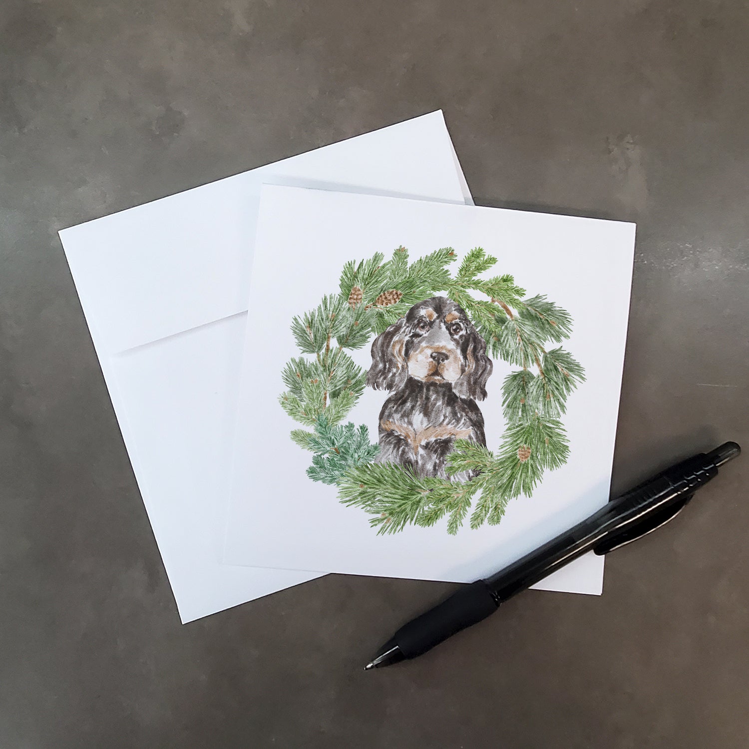 Buy this Cocker Spaniel Black and Tan with Christmas Wreath Square Greeting Cards and Envelopes Pack of 8