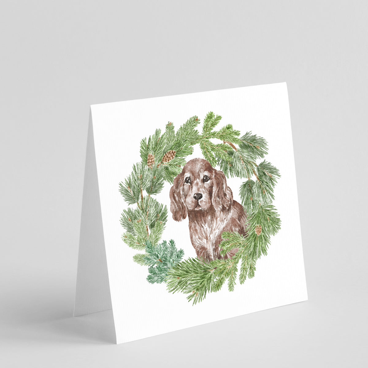 Buy this Cocker Spaniel Puppy Liver with Christmas Wreath Square Greeting Cards and Envelopes Pack of 8