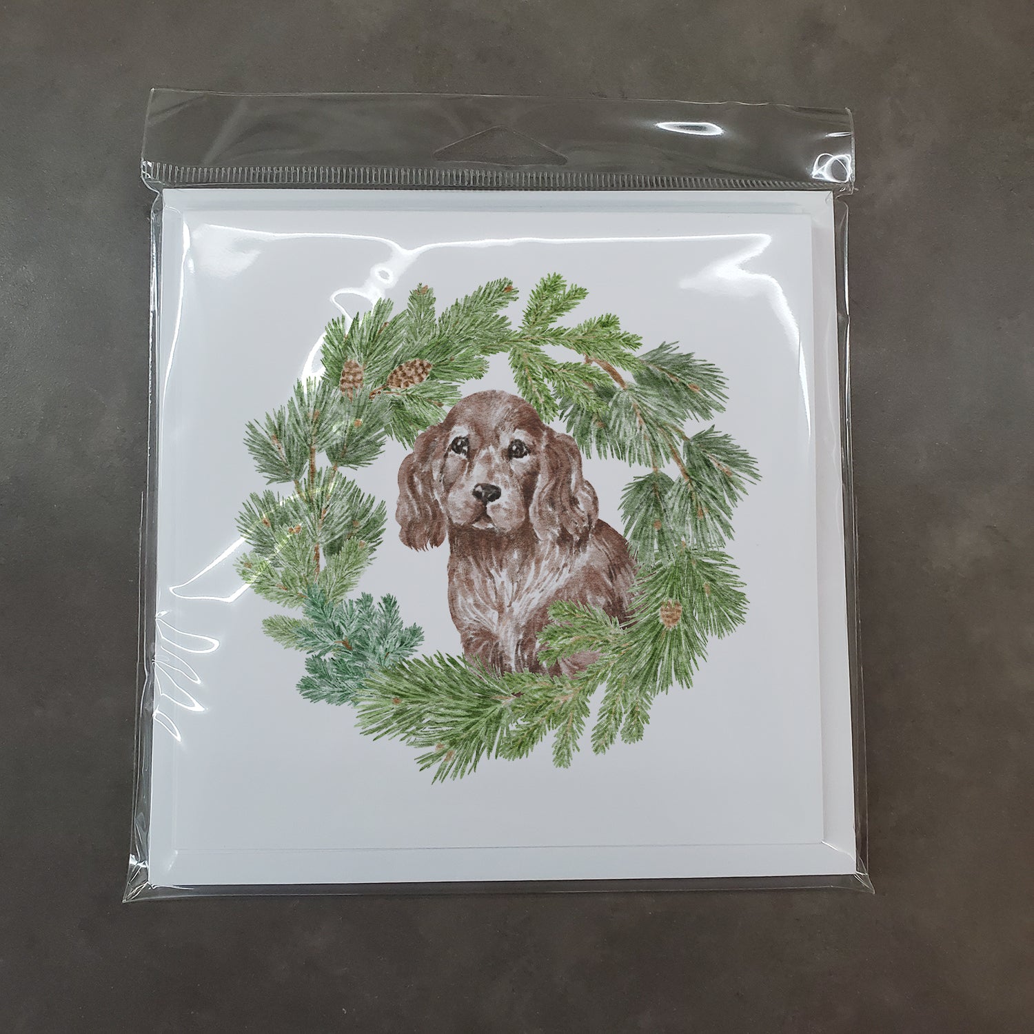 Cocker Spaniel Puppy Liver with Christmas Wreath Square Greeting Cards and Envelopes Pack of 8 - the-store.com