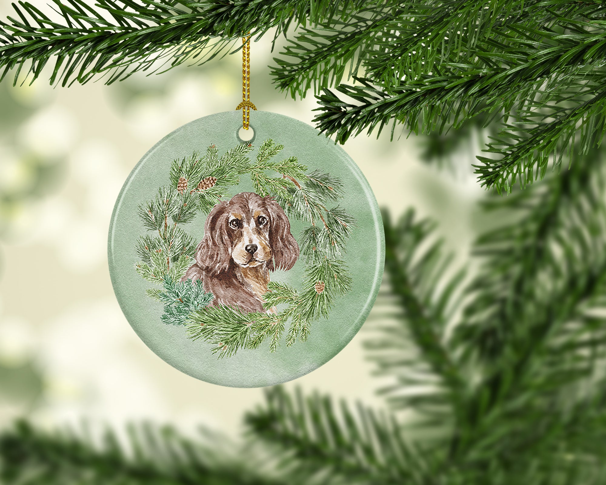 Buy this Cocker Spaniel Liver and Tan Christmas Wreath Ceramic Ornament