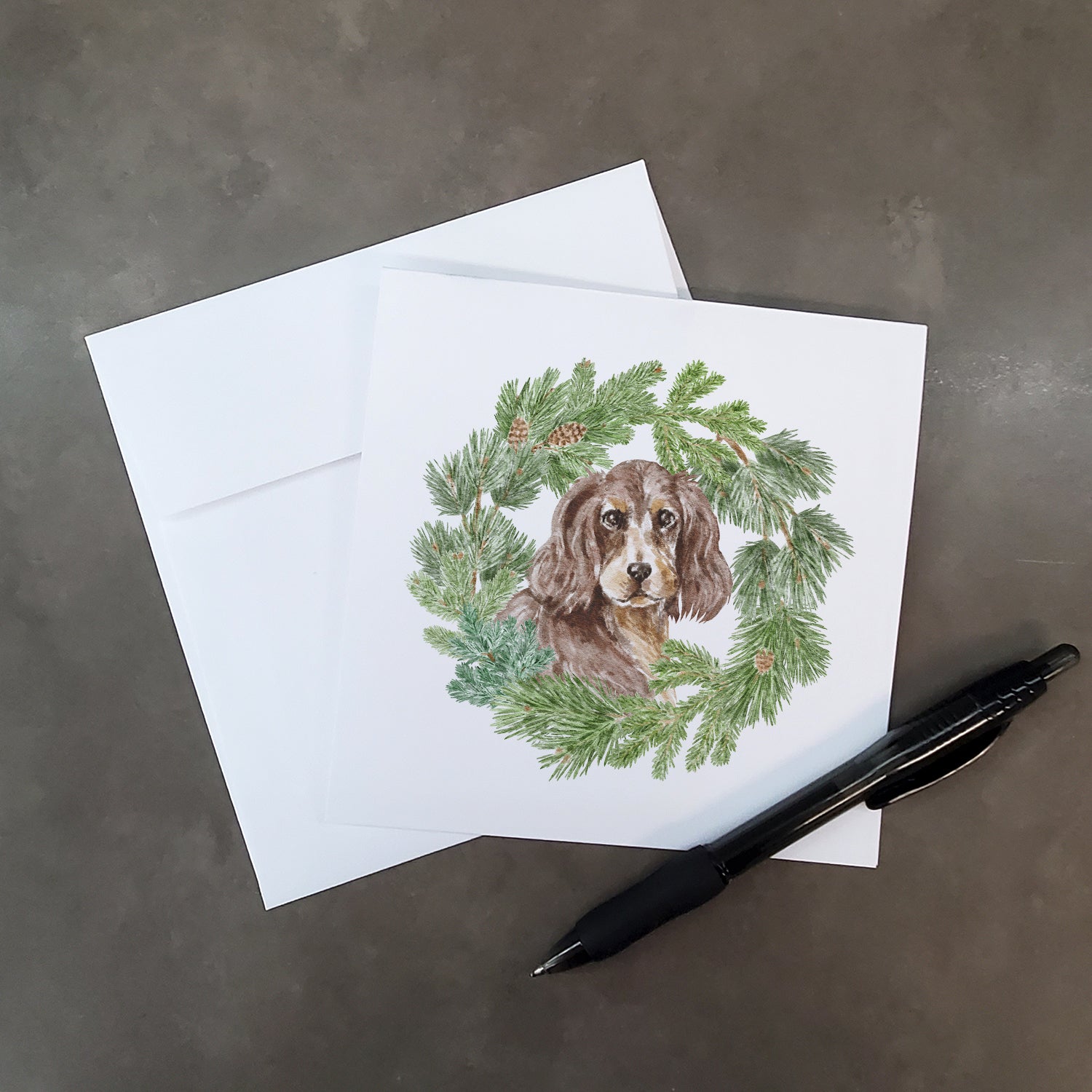 Cocker Spaniel Liver and Tan with Christmas Wreath Square Greeting Cards and Envelopes Pack of 8 - the-store.com