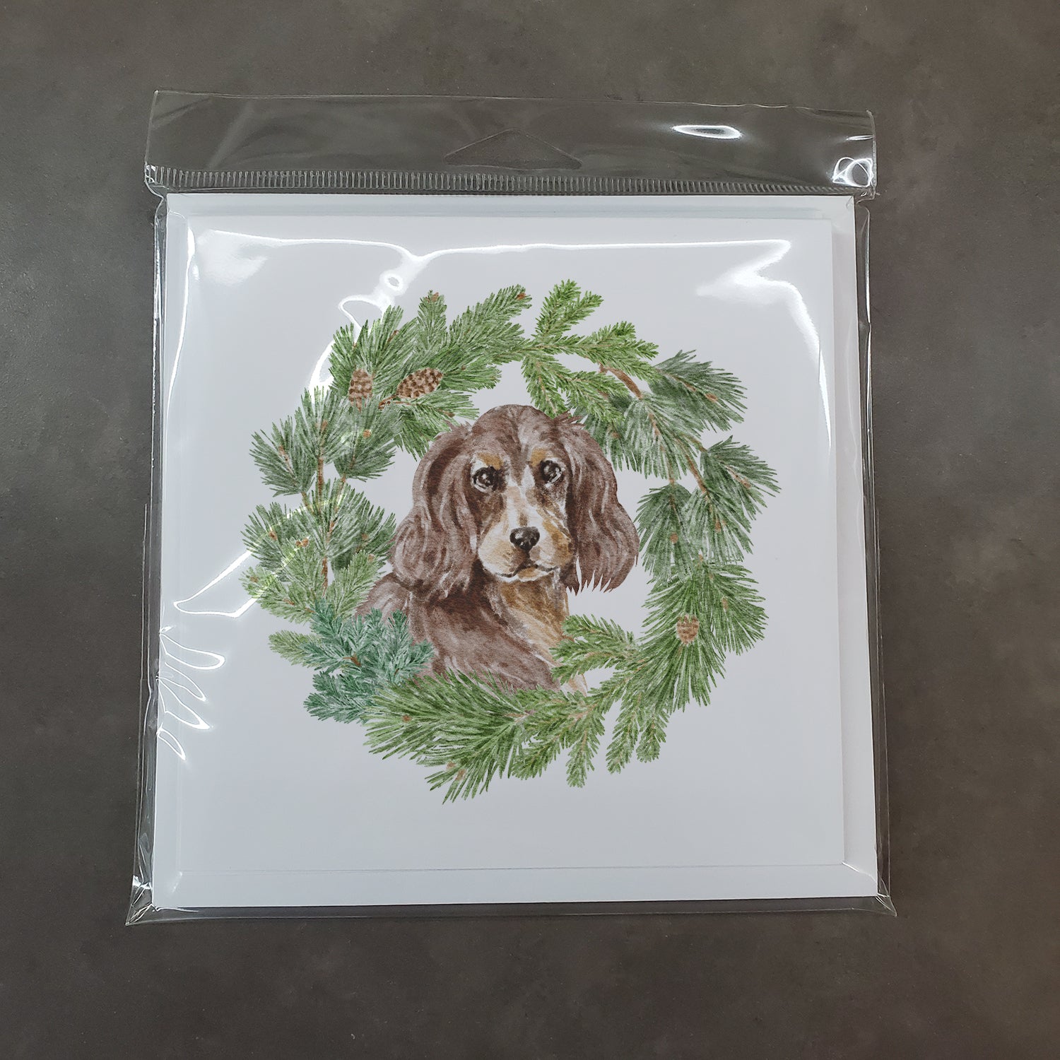 Cocker Spaniel Liver and Tan with Christmas Wreath Square Greeting Cards and Envelopes Pack of 8 - the-store.com