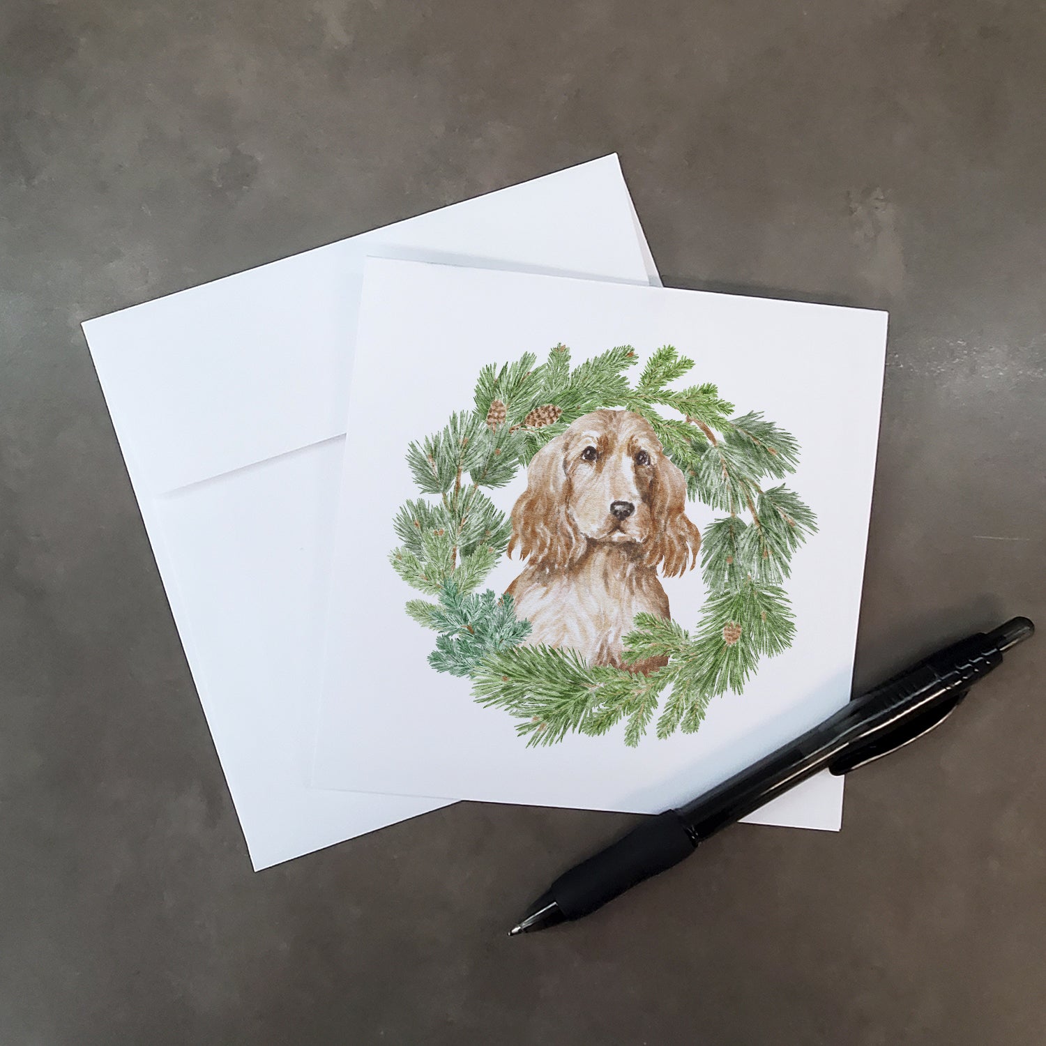 Cocker Spaniel Golden with Christmas Wreath Square Greeting Cards and Envelopes Pack of 8 - the-store.com