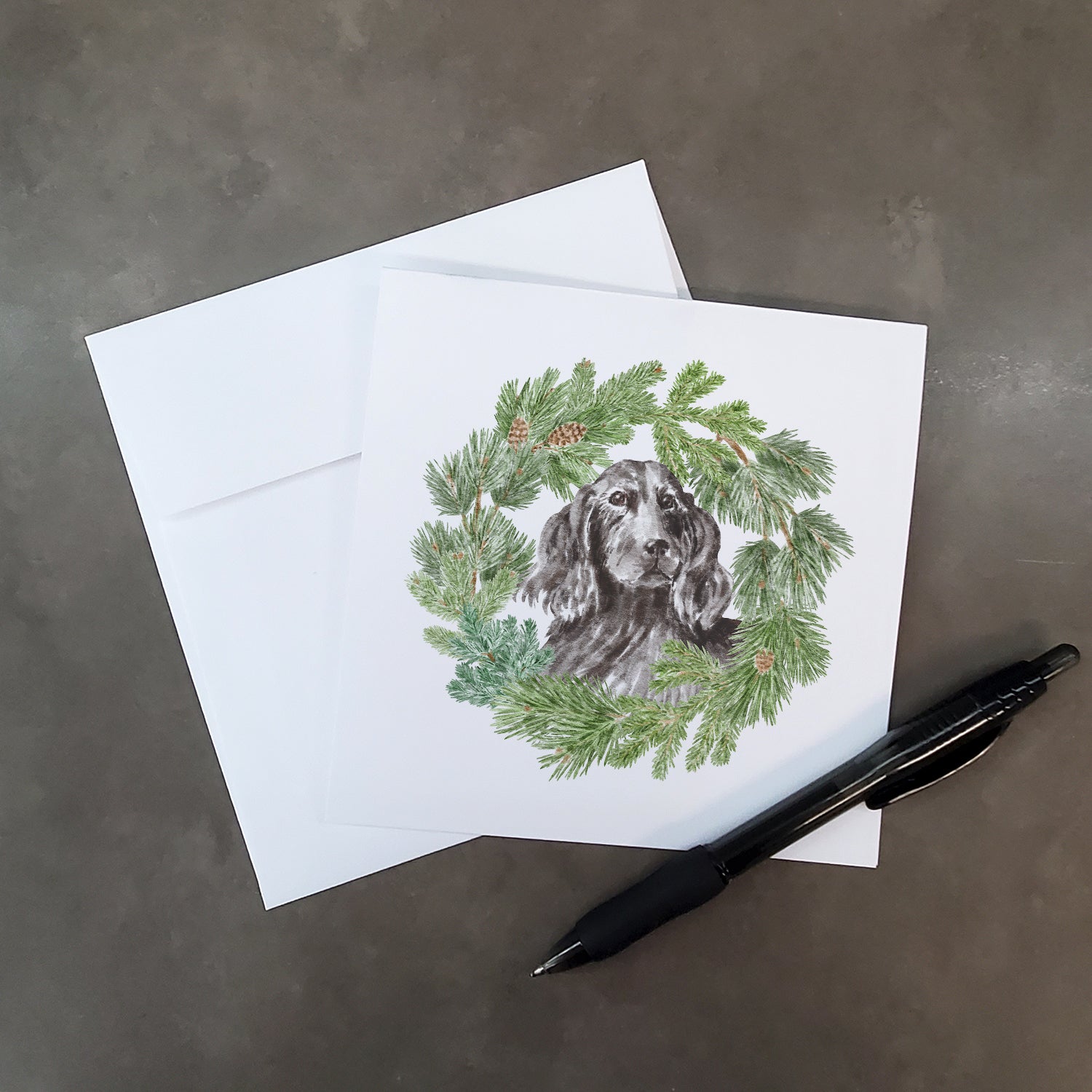 Cocker Spaniel Black with Christmas Wreath Square Greeting Cards and Envelopes Pack of 8 - the-store.com