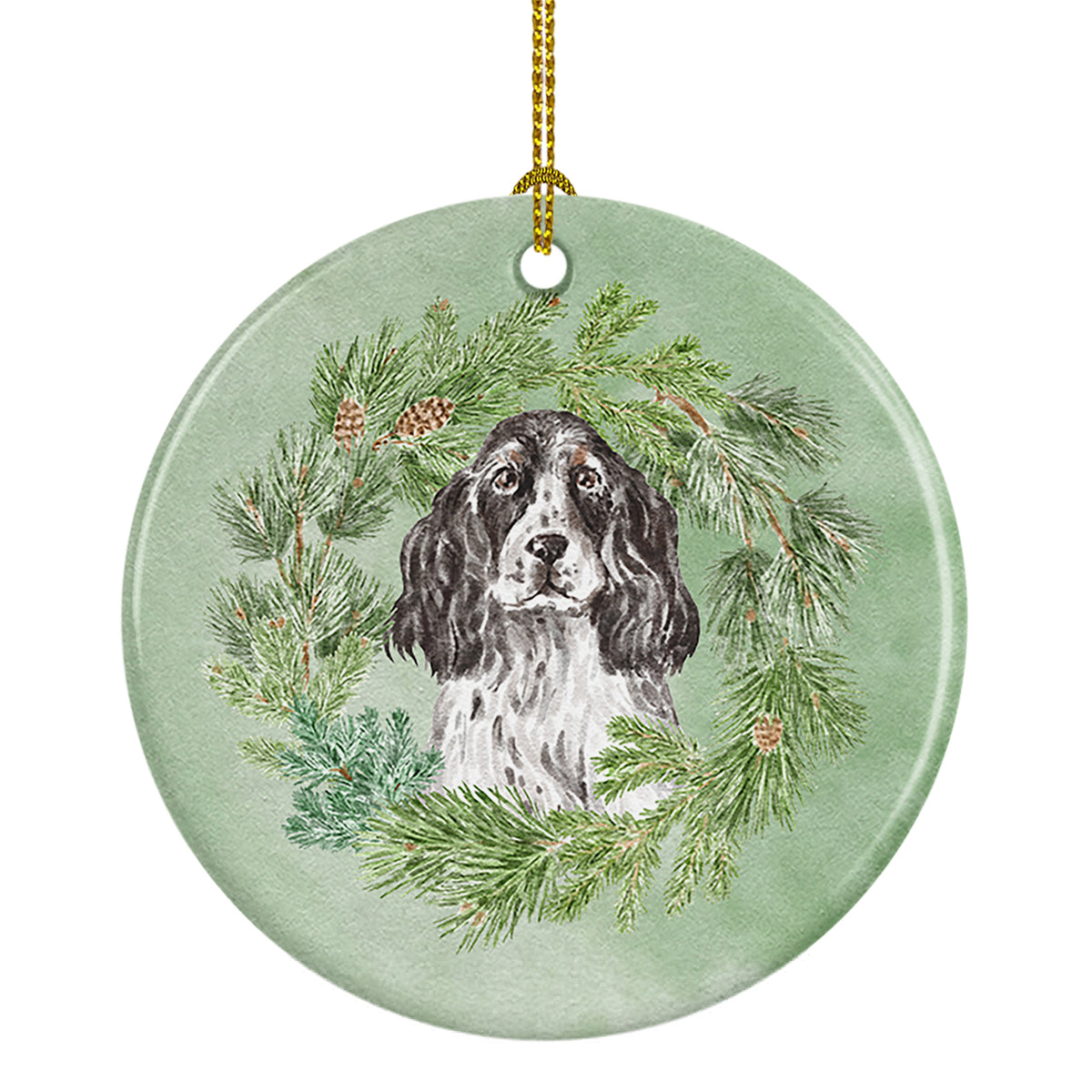Buy this Cocker Spaniel Black and White Ticked Christmas Wreath Ceramic Ornament