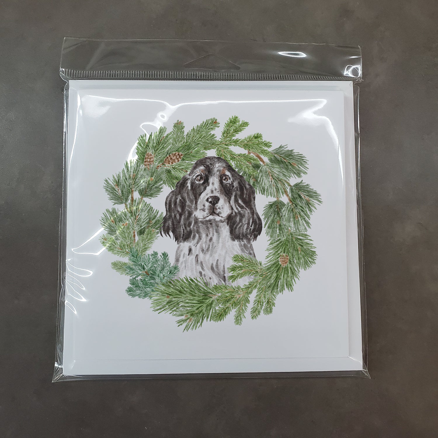 Cocker Spaniel Black and White Ticked with Christmas Wreath Square Greeting Cards and Envelopes Pack of 8 - the-store.com