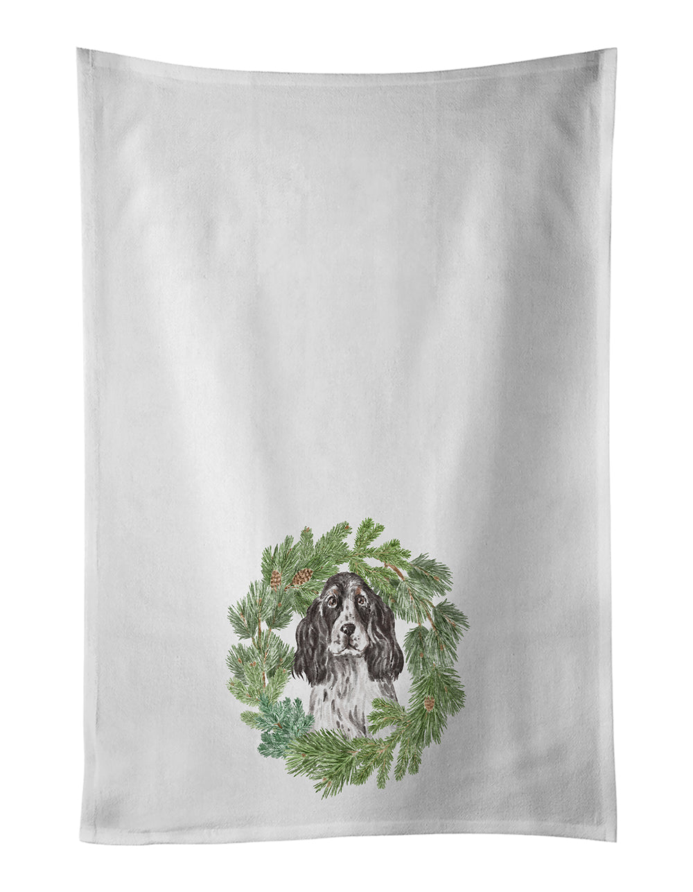 Buy this Cocker Spaniel Black and White Ticked Christmas Wreath White Kitchen Towel Set of 2