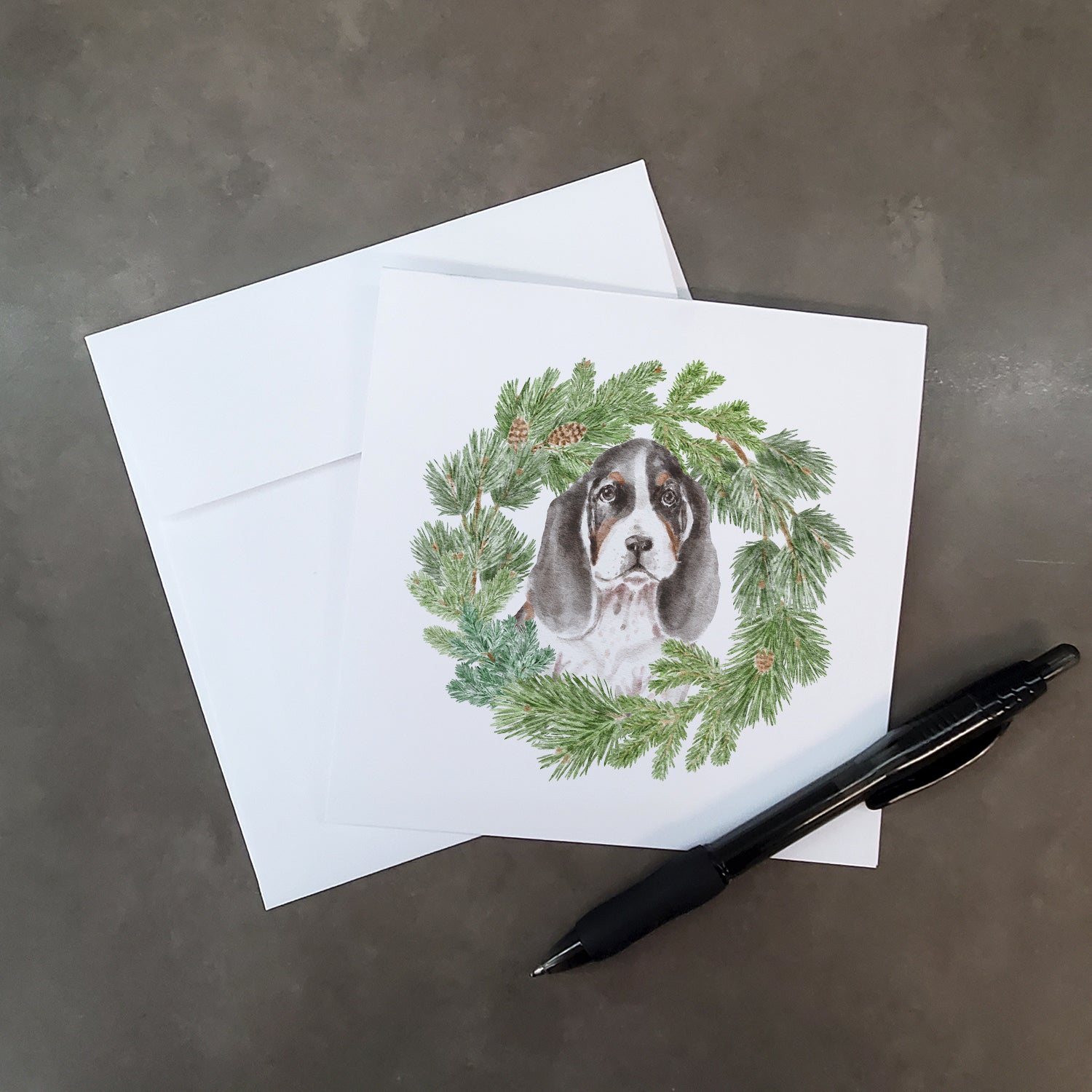 Buy this Basset Hound Puppy Tricolor with Christmas Wreath Square Greeting Cards and Envelopes Pack of 8