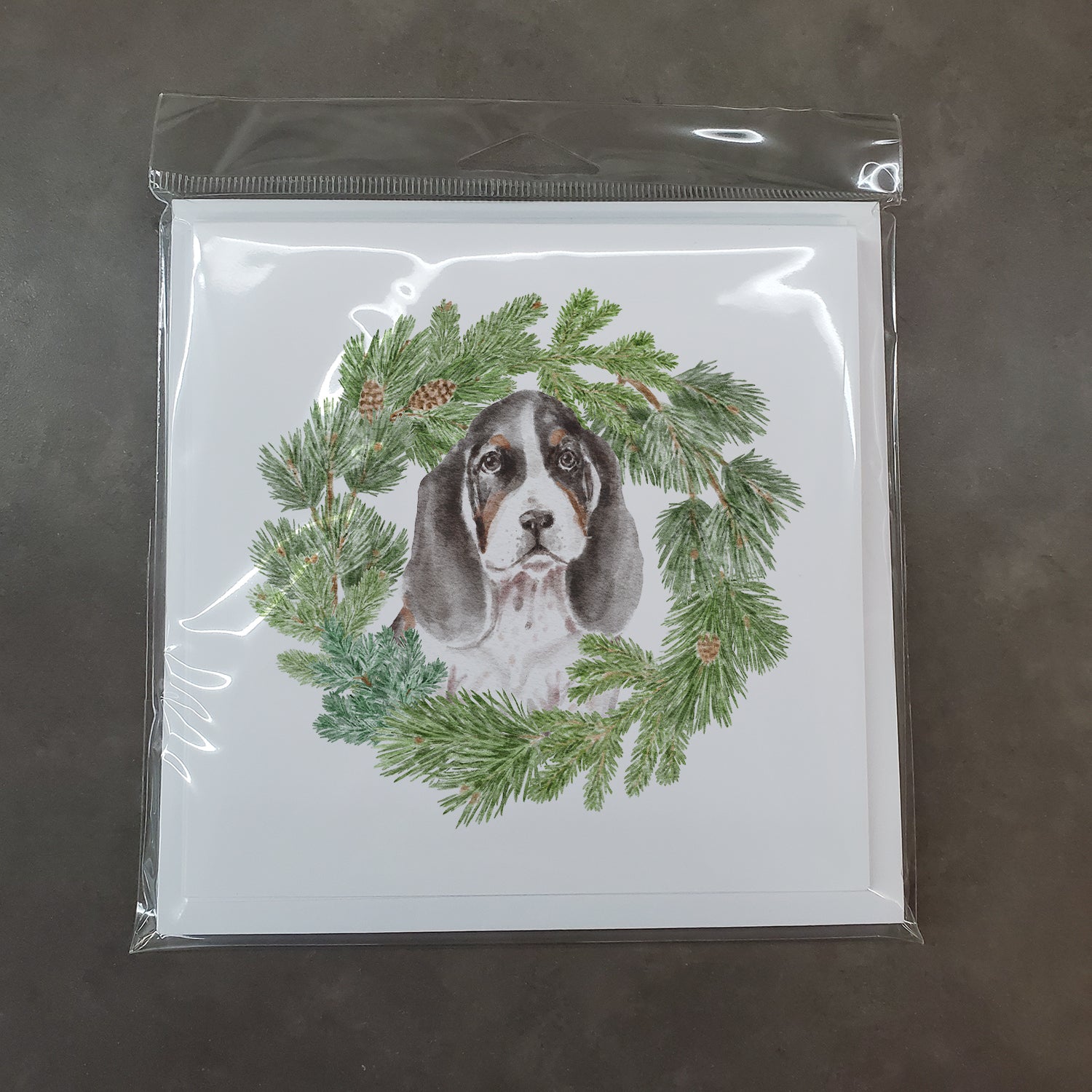 Basset Hound Puppy Tricolor with Christmas Wreath Square Greeting Cards and Envelopes Pack of 8 - the-store.com