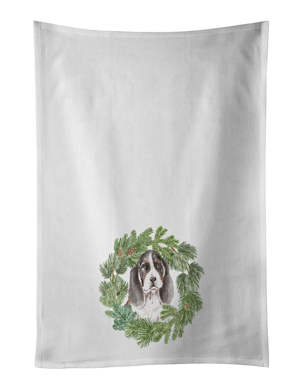 Buy this Basset Hound Puppy Tricolor Christmas Wreath White Kitchen Towel Set of 2