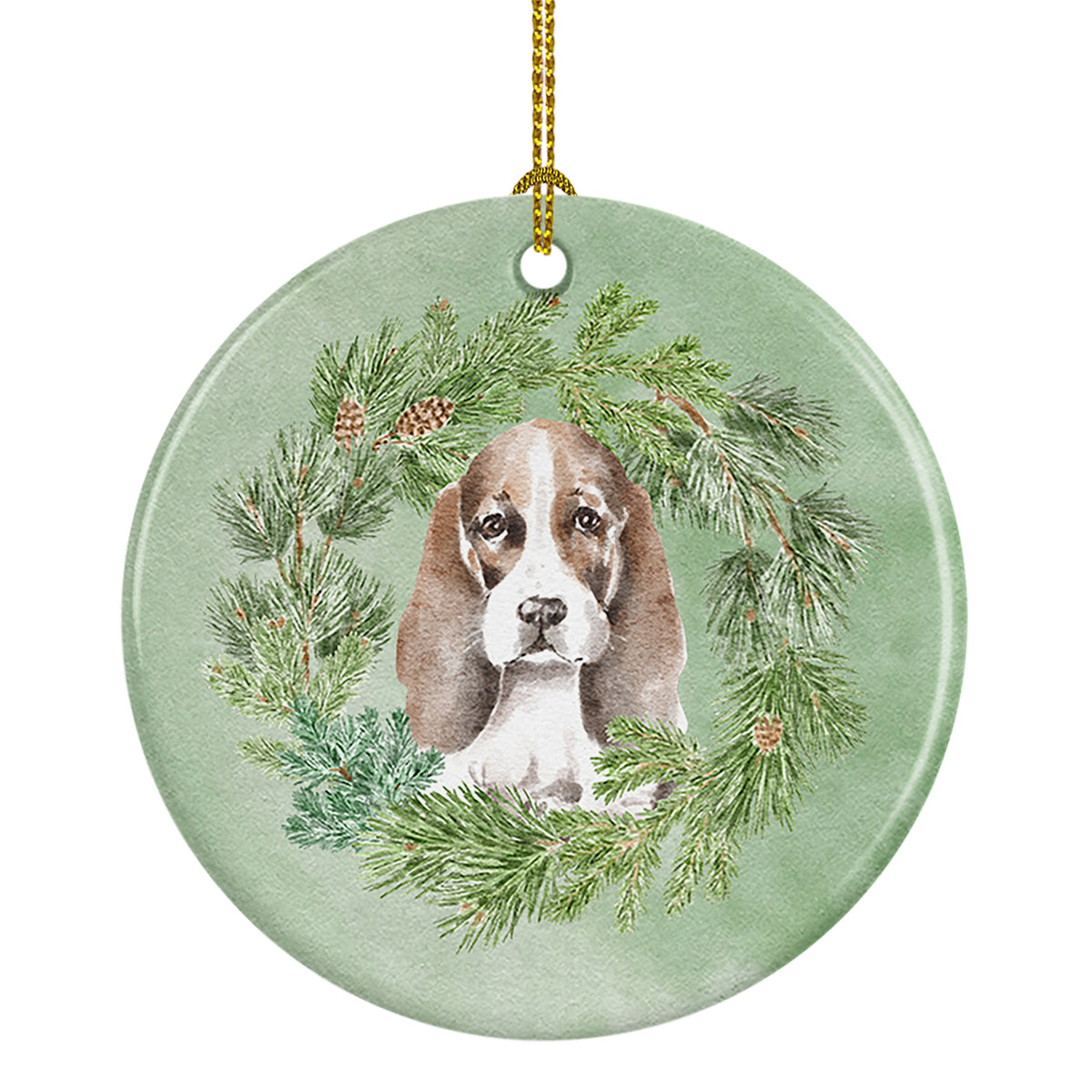 Buy this Basset Hound Puppy Brown White and Black Christmas Wreath Ceramic Ornament