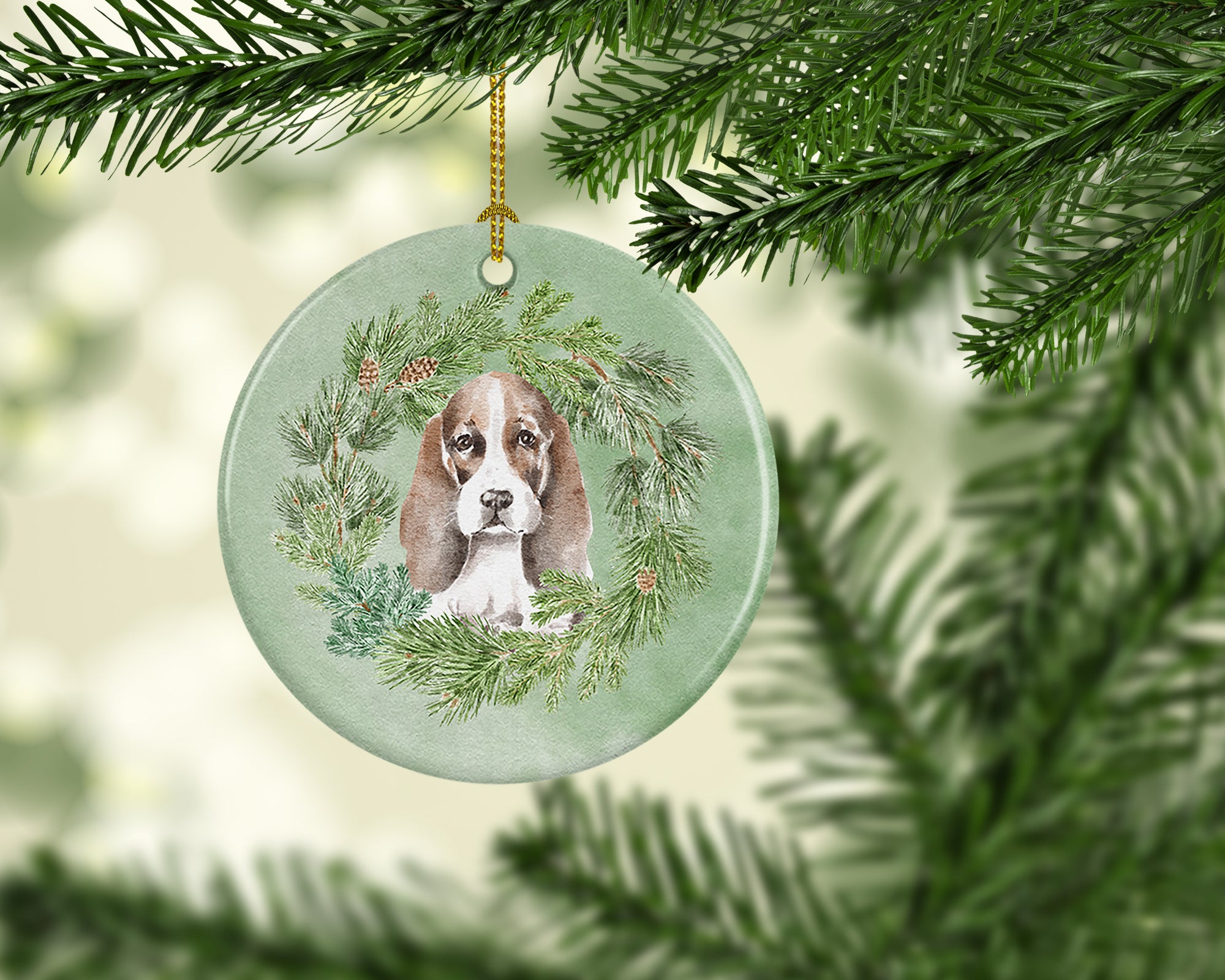 Basset Hound Puppy Brown White and Black Christmas Wreath Ceramic Ornament - the-store.com