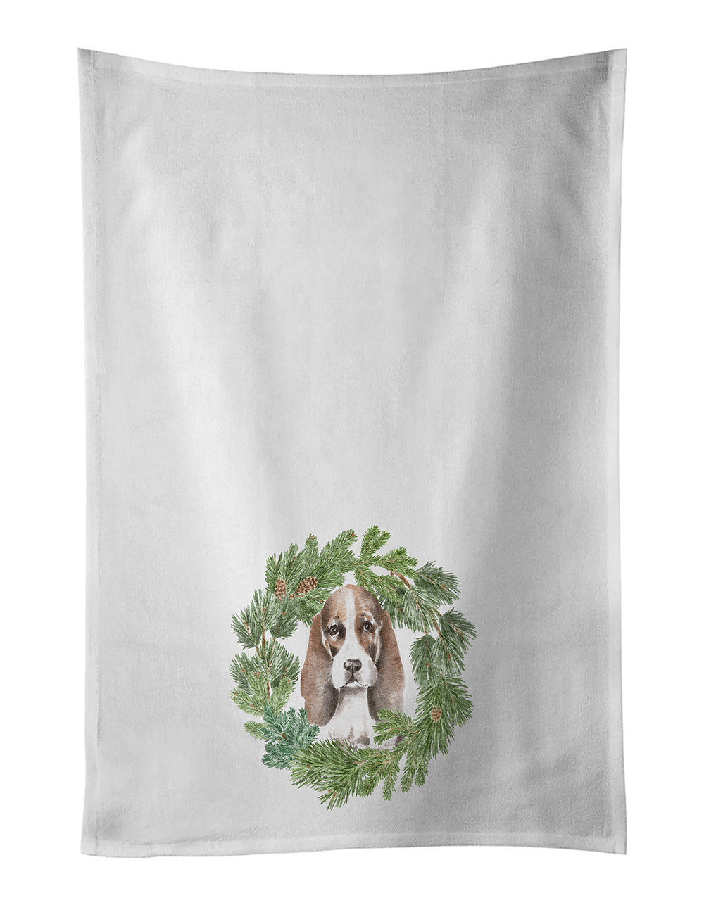 Buy this Basset Hound Puppy Brown White and Black Christmas Wreath White Kitchen Towel Set of 2