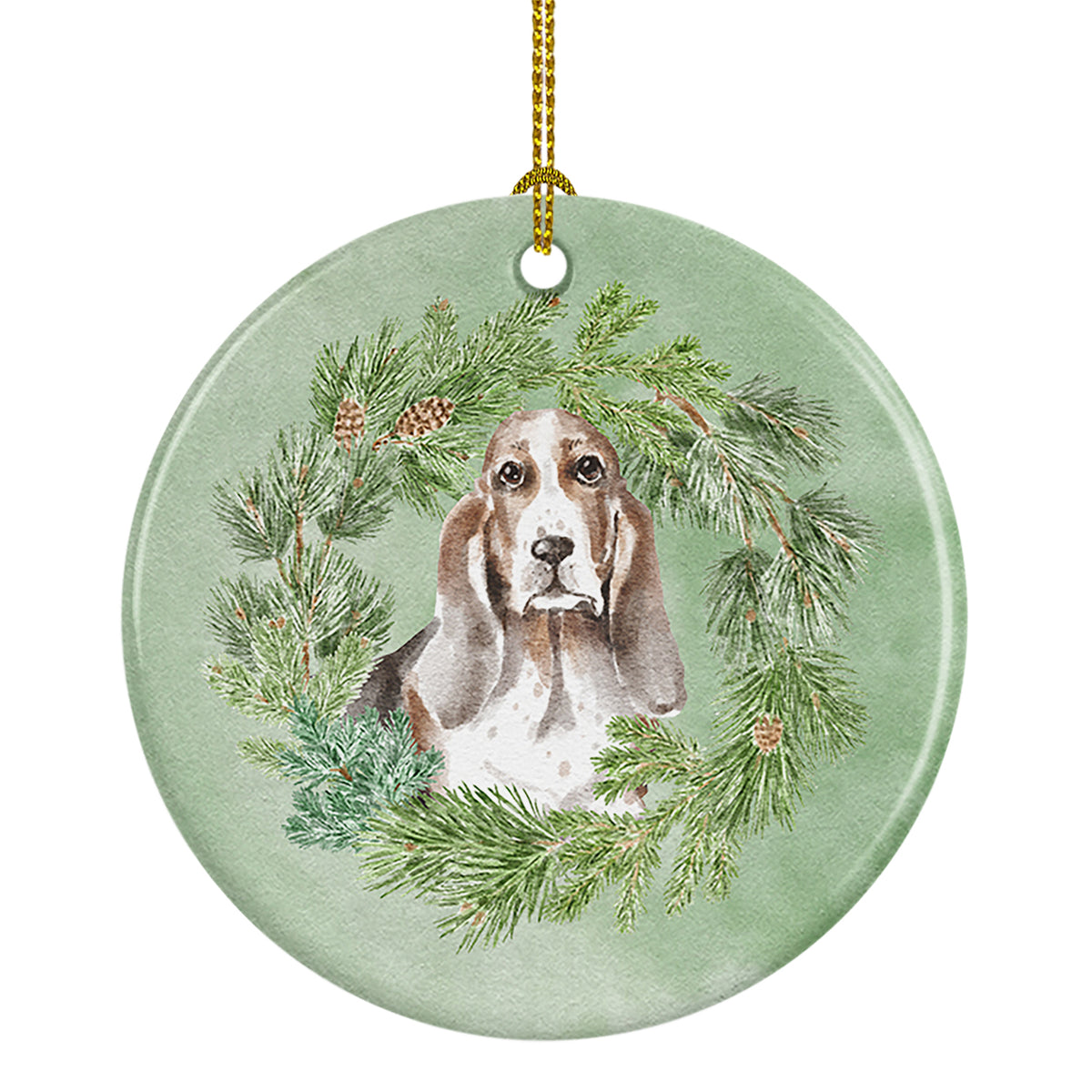 Buy this Basset Hound Tricolor Christmas Wreath Ceramic Ornament