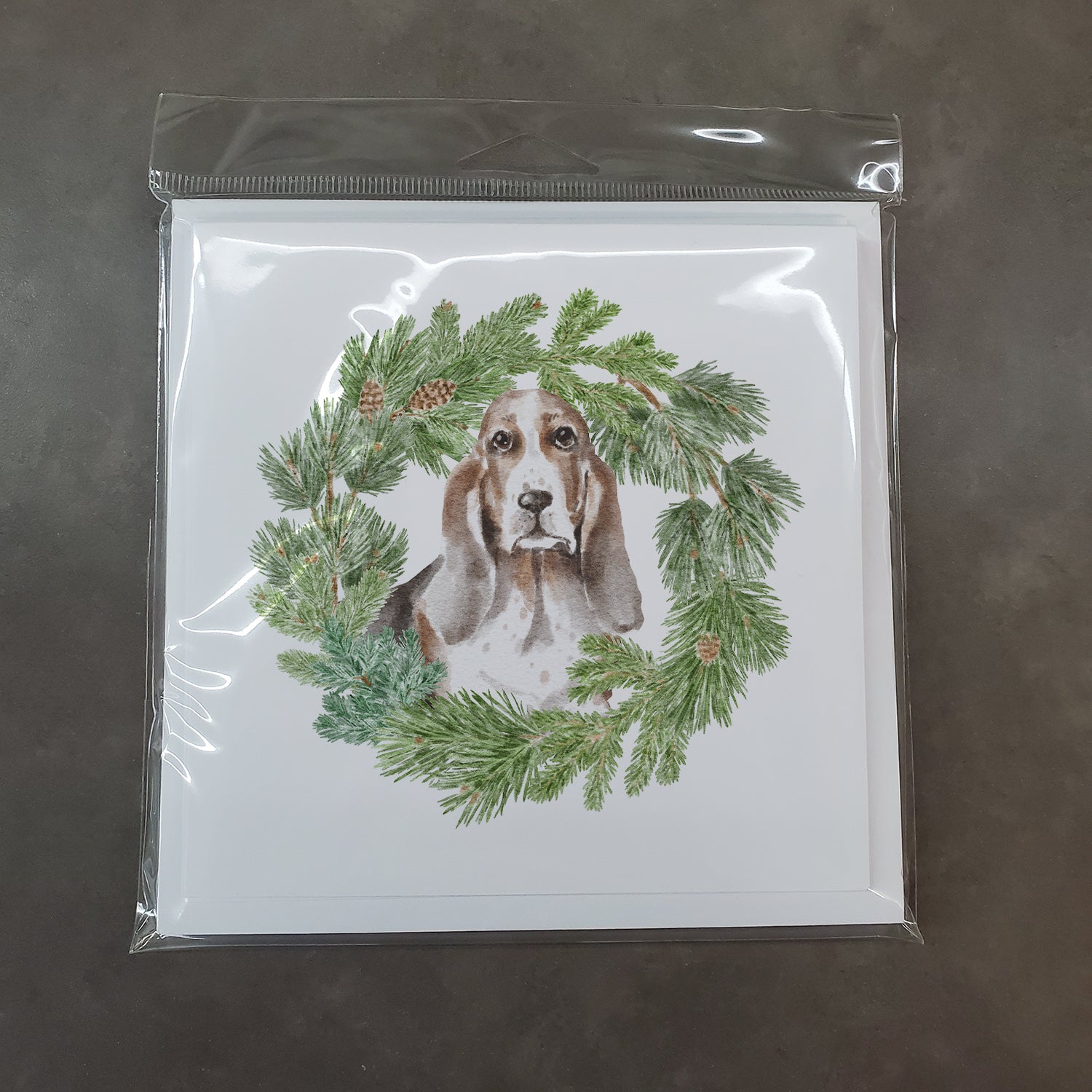 Basset Hound Tricolor with Christmas Wreath Square Greeting Cards and Envelopes Pack of 8 - the-store.com
