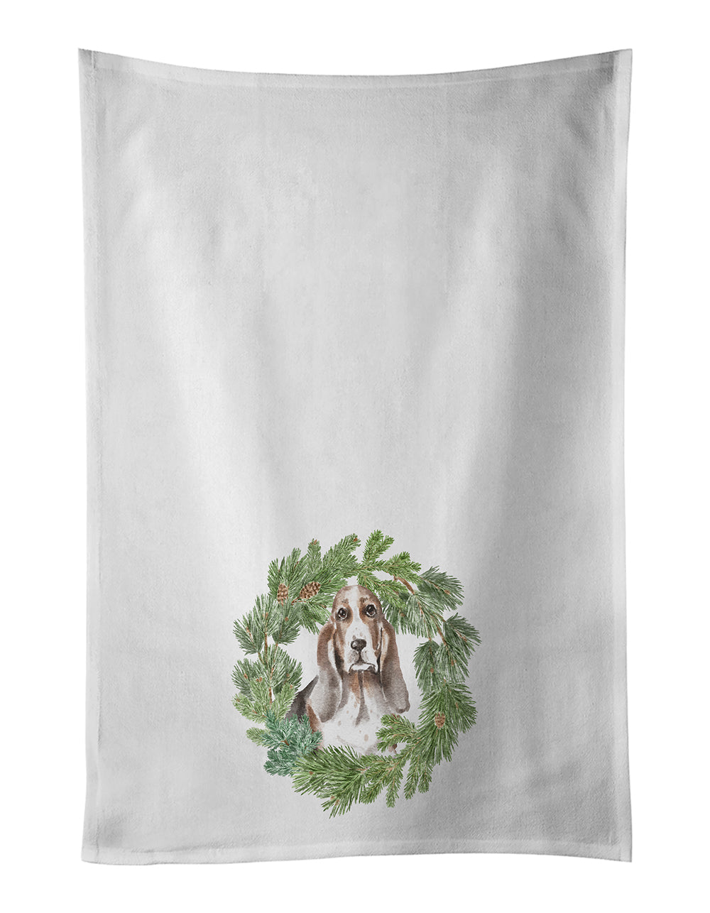 Buy this Basset Hound Tricolor Christmas Wreath White Kitchen Towel Set of 2