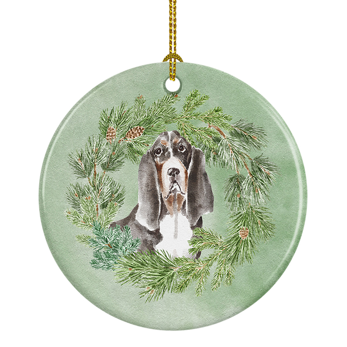 Buy this Basset Hound Black White Brown Christmas Wreath Ceramic Ornament