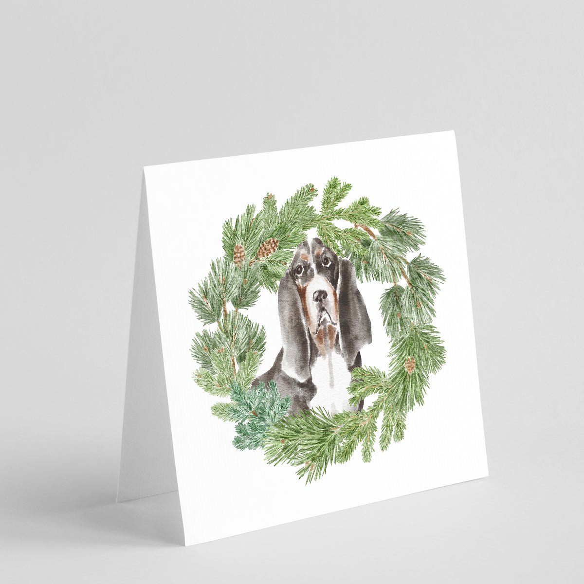 Buy this Basset Hound Black White and Brown with Christmas Wreath Square Greeting Cards and Envelopes Pack of 8