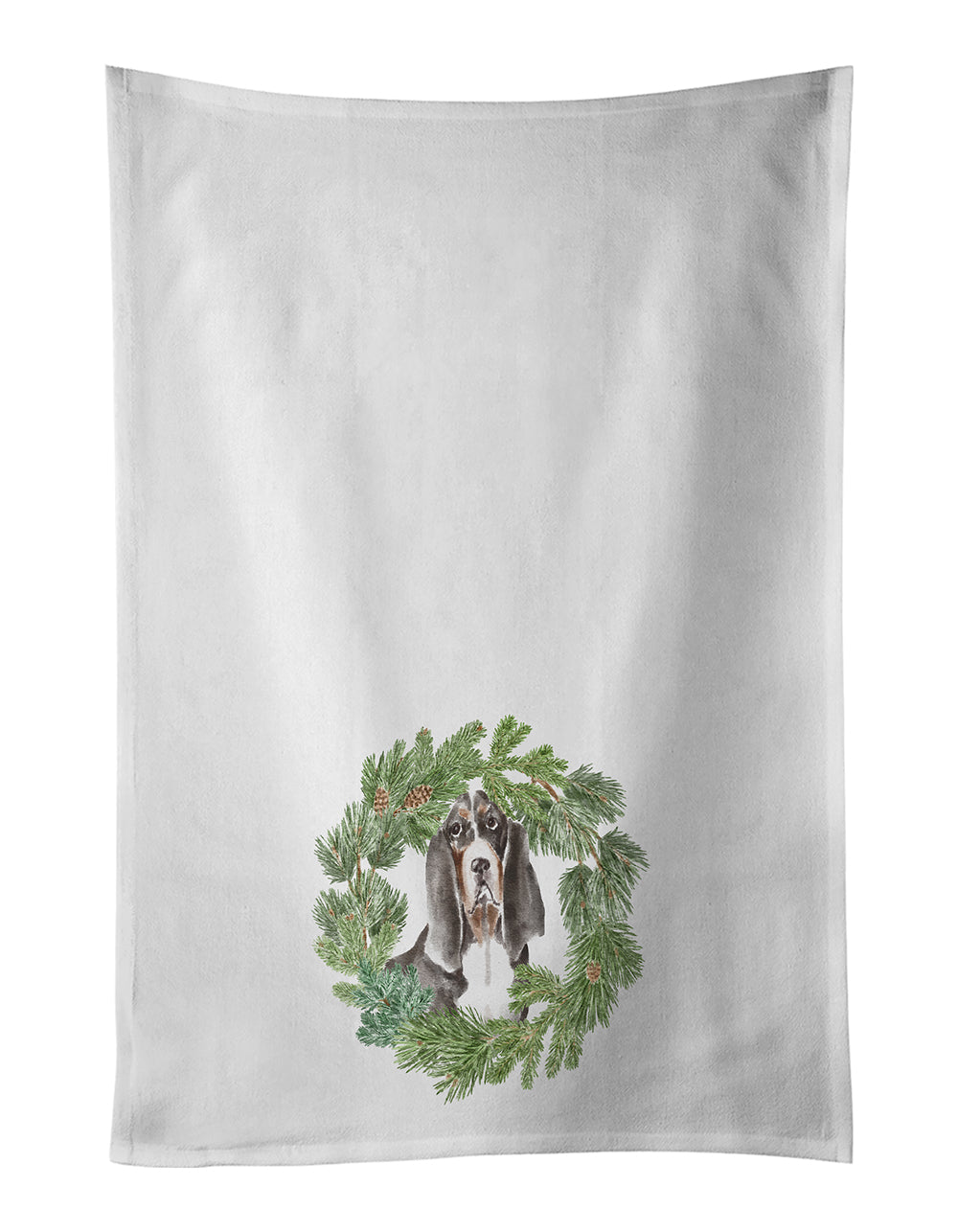Buy this Basset Hound Black White Brown Christmas Wreath White Kitchen Towel Set of 2