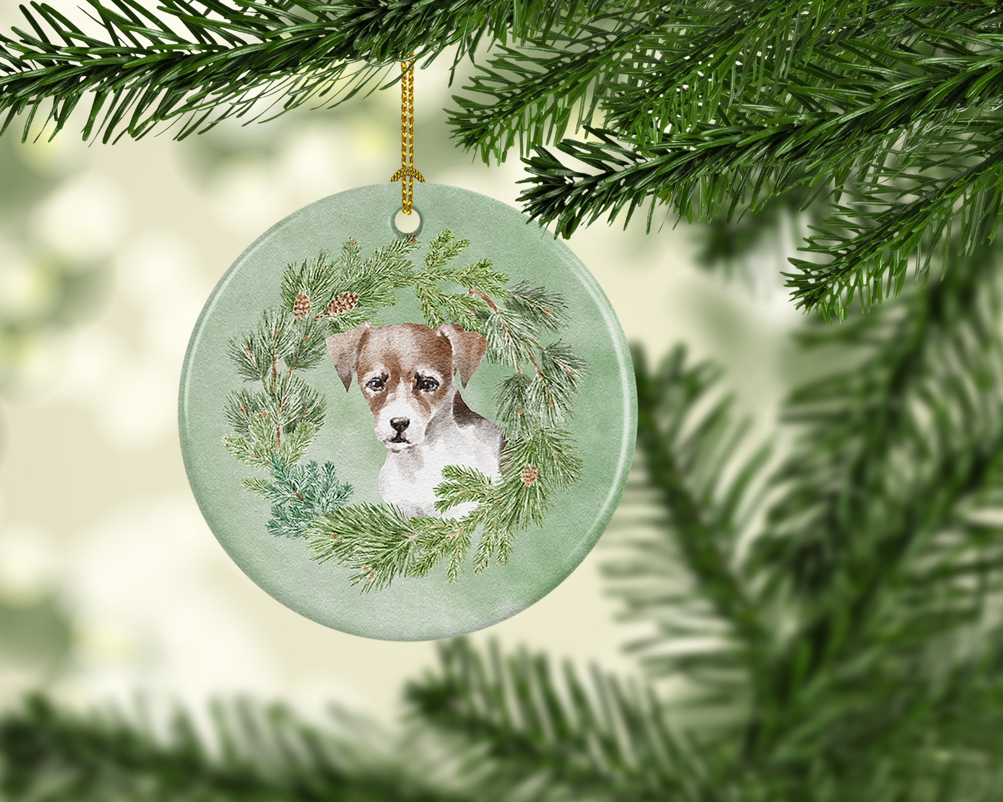 Jack Russell Terrier Puppy Tricolor Christmas Wreath Ceramic Ornament - the-store.com
