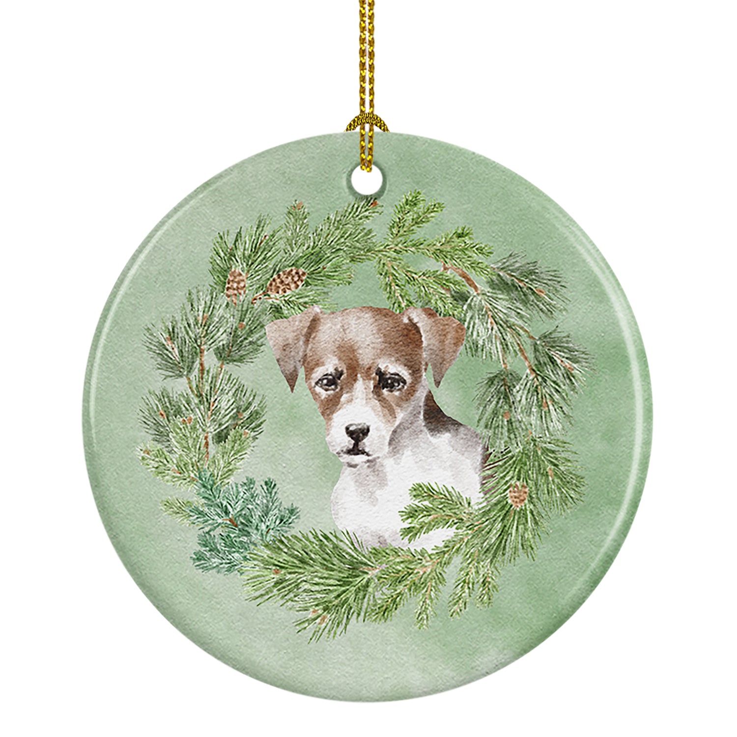 Buy this Jack Russell Terrier Puppy Tricolor Christmas Wreath Ceramic Ornament