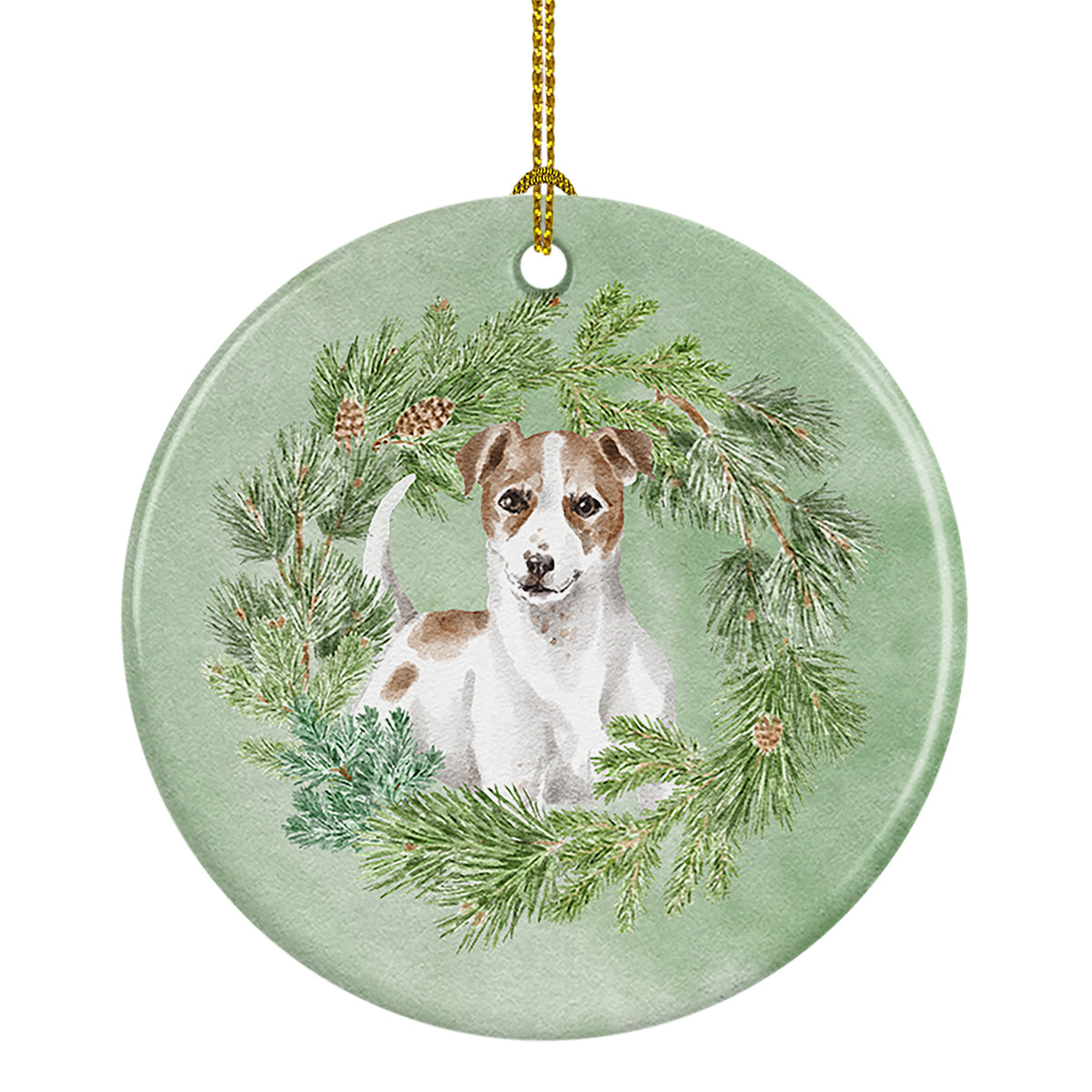 Buy this Jack Russell Terrier Chestnut and White Christmas Wreath Ceramic Ornament