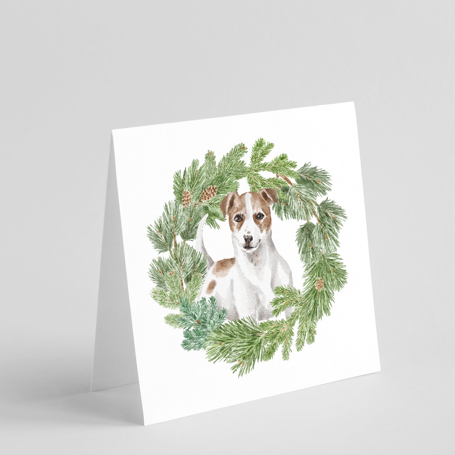 Buy this Jack Russell Terrier Chestnut and White with Christmas Wreath Square Greeting Cards and Envelopes Pack of 8