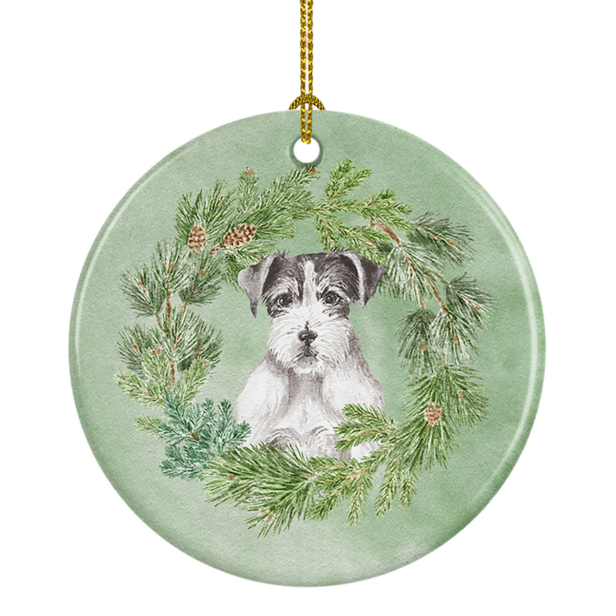 Buy this Jack Russell Terrier Black and White Wirehaired Christmas Wreath Ceramic Ornament