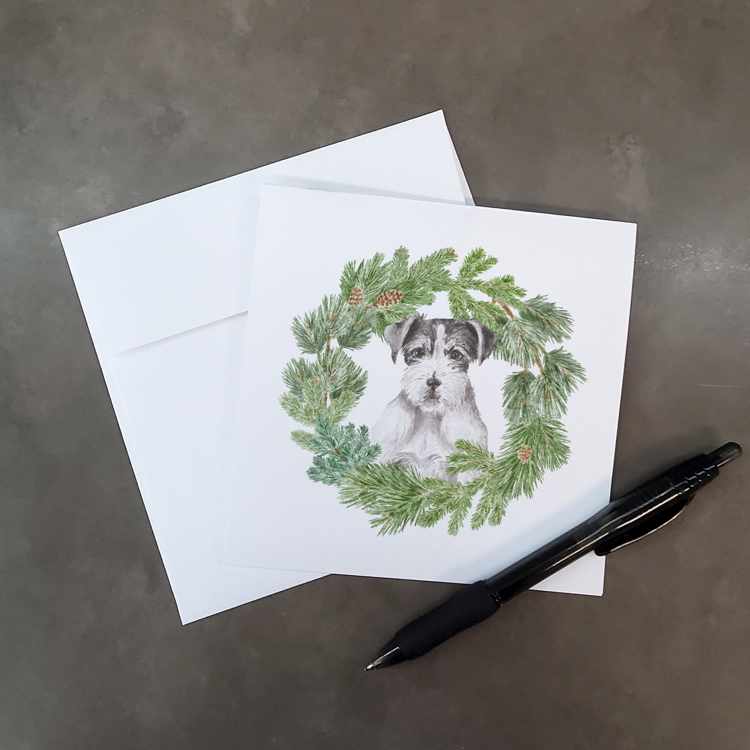 Jack Russell Terrier Black and White Wirehaired with Christmas Wreath Square Greeting Cards and Envelopes Pack of 8 - the-store.com