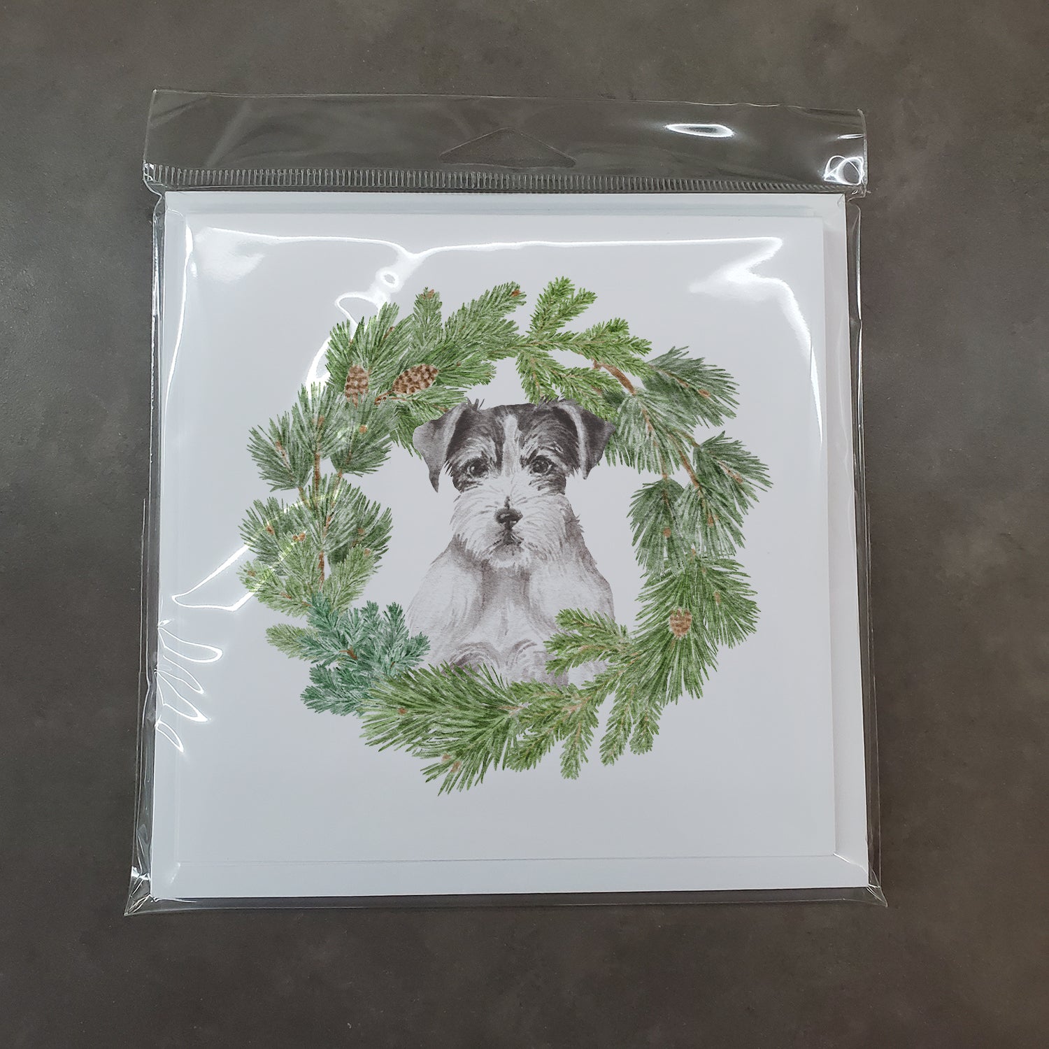 Jack Russell Terrier Black and White Wirehaired with Christmas Wreath Square Greeting Cards and Envelopes Pack of 8 - the-store.com