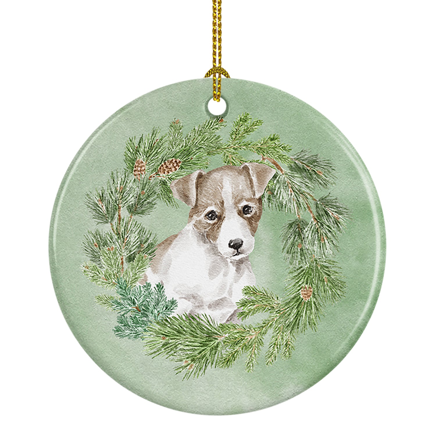 Buy this Jack Russell Terrier Puppy Chestnut and White Christmas Wreath Ceramic Ornament
