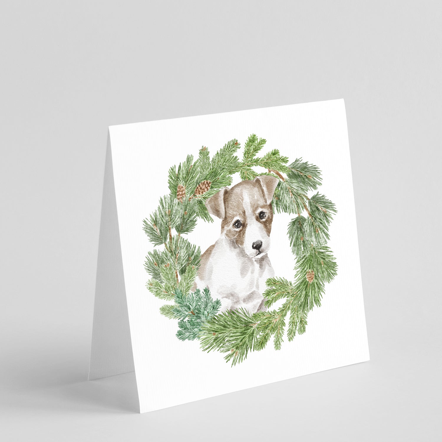 Buy this Jack Russell Terrier Puppy Chestnut and White with Christmas Wreath Square Greeting Cards and Envelopes Pack of 8