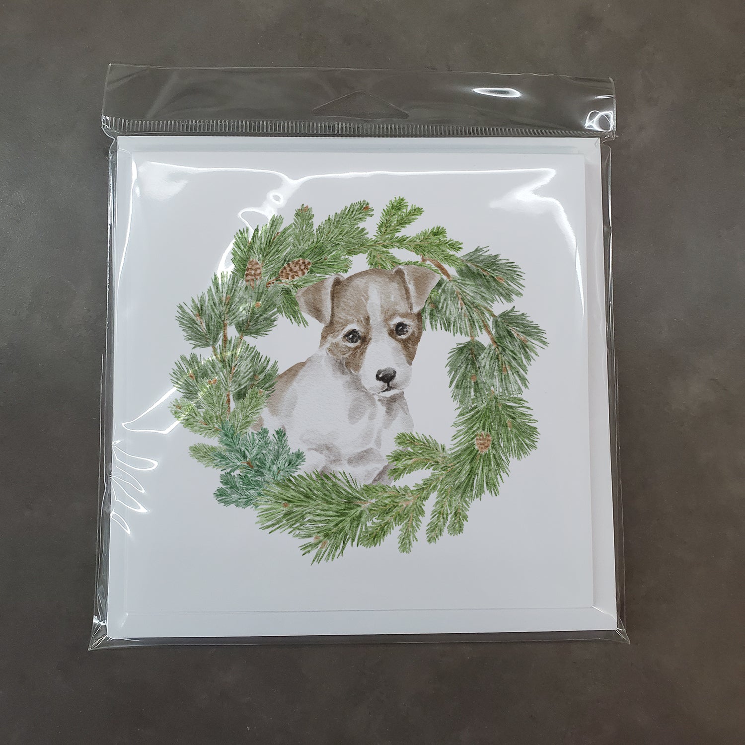 Jack Russell Terrier Puppy Chestnut and White with Christmas Wreath Square Greeting Cards and Envelopes Pack of 8 - the-store.com