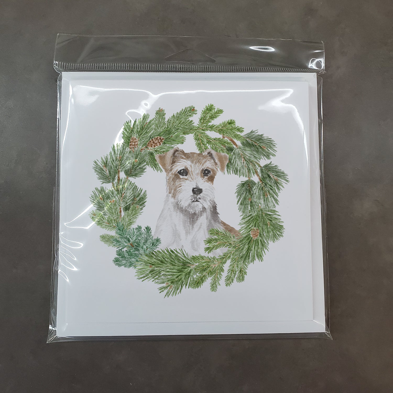 Jack Russell Terrier Chestnut and White Wirehaired with Christmas Wreath Square Greeting Cards and Envelopes Pack of 8 - the-store.com