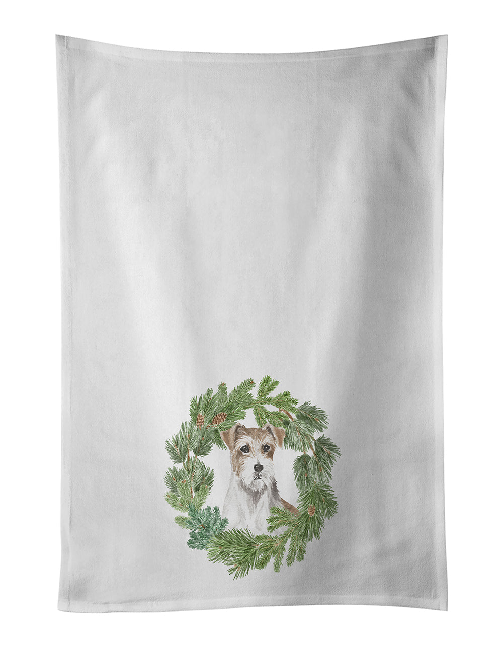 Buy this Jack Russell Terrier Chestnut and White Wirehaired Christmas Wreath White Kitchen Towel Set of 2
