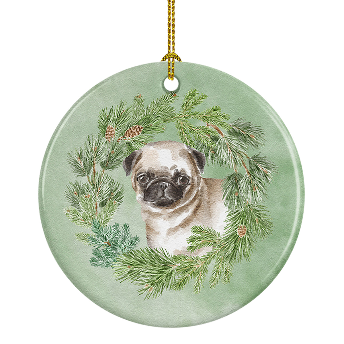 Buy this Pug Puppy Fawn Christmas Wreath Ceramic Ornament