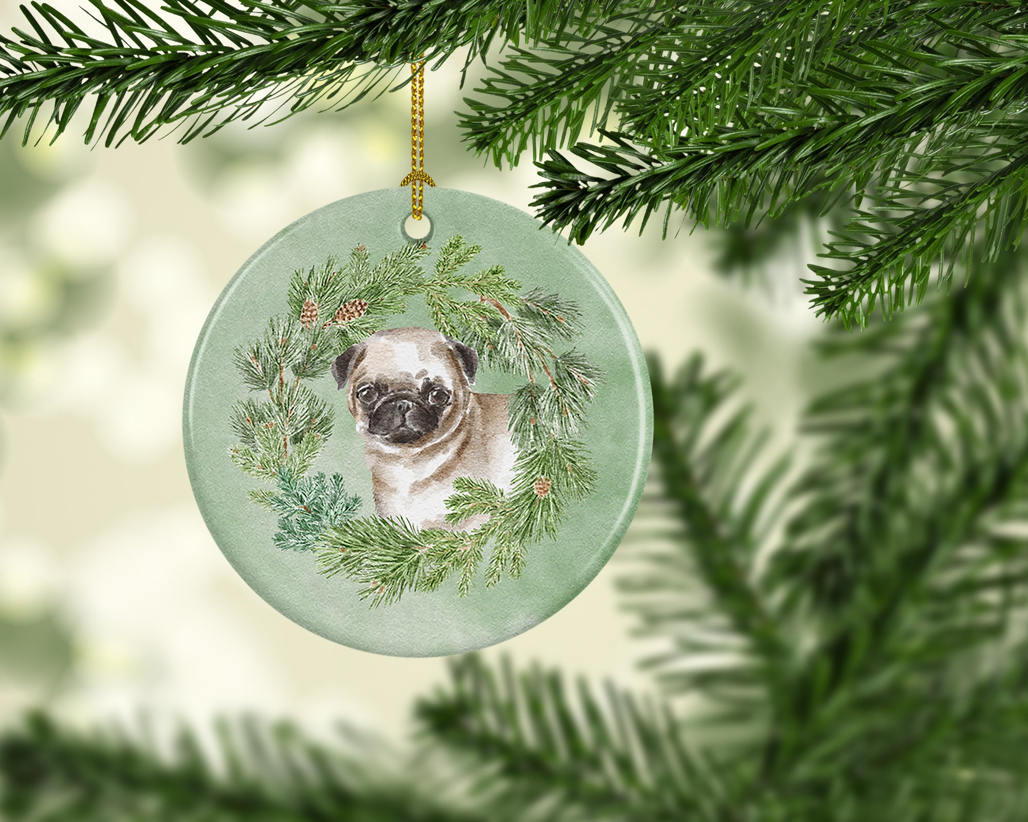 Pug Puppy Fawn Christmas Wreath Ceramic Ornament - the-store.com