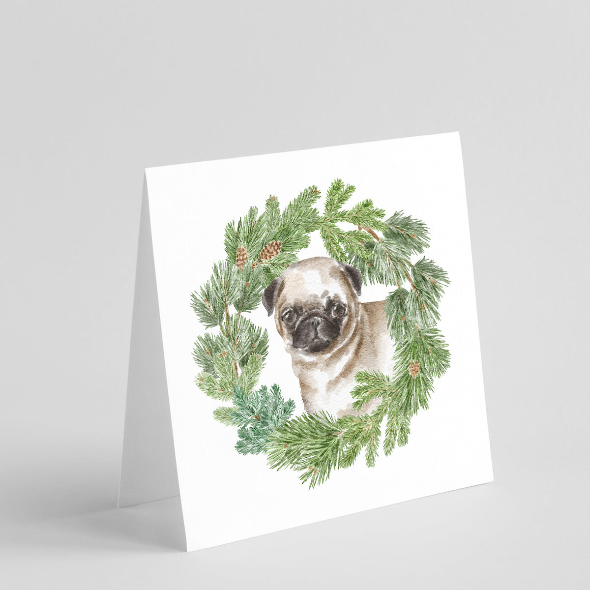 Buy this Pug Puppy Fawn with Christmas Wreath Square Greeting Cards and Envelopes Pack of 8