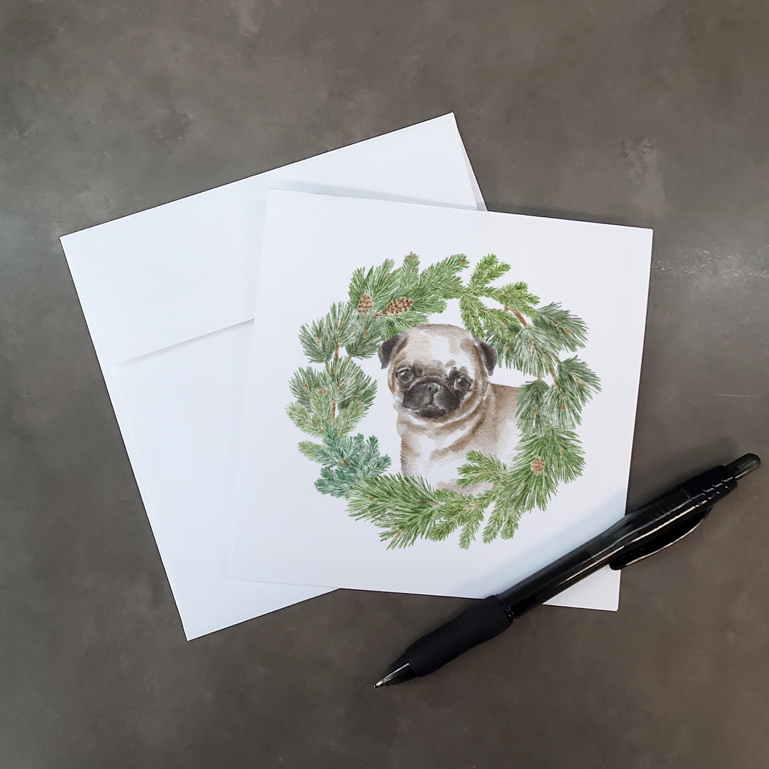 Pug Puppy Fawn with Christmas Wreath Square Greeting Cards and Envelopes Pack of 8 - the-store.com