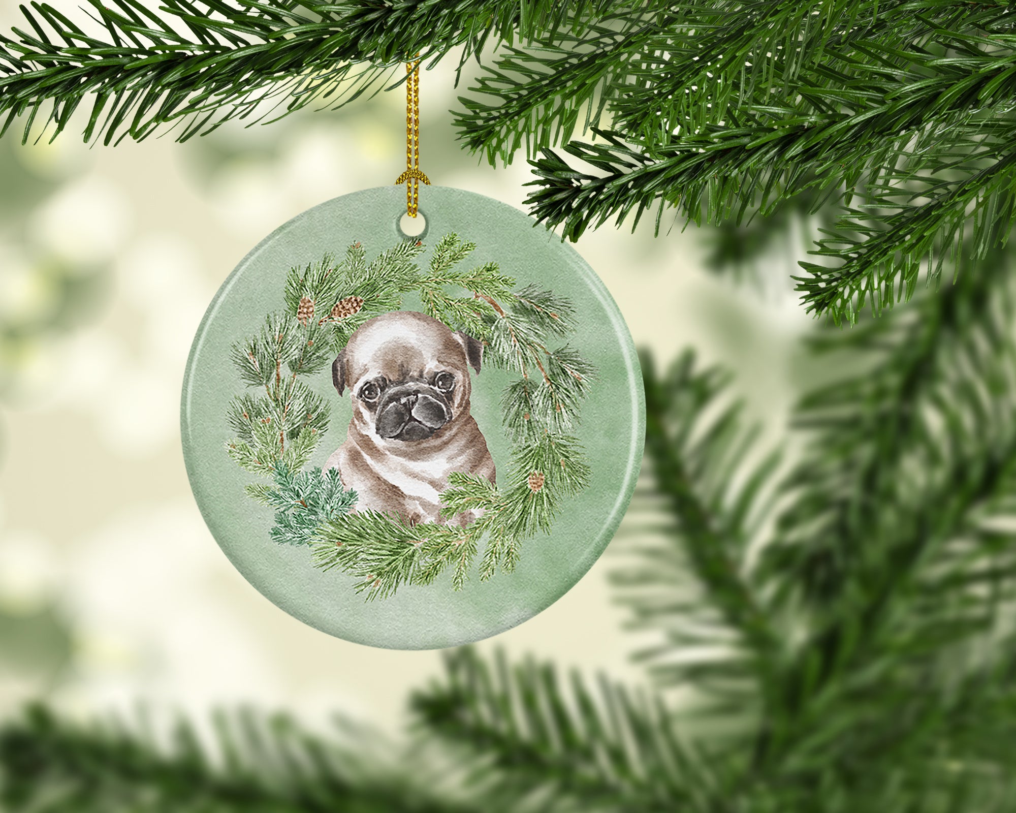 Pug Puppy Fawn Head Tilt Christmas Wreath Ceramic Ornament - the-store.com