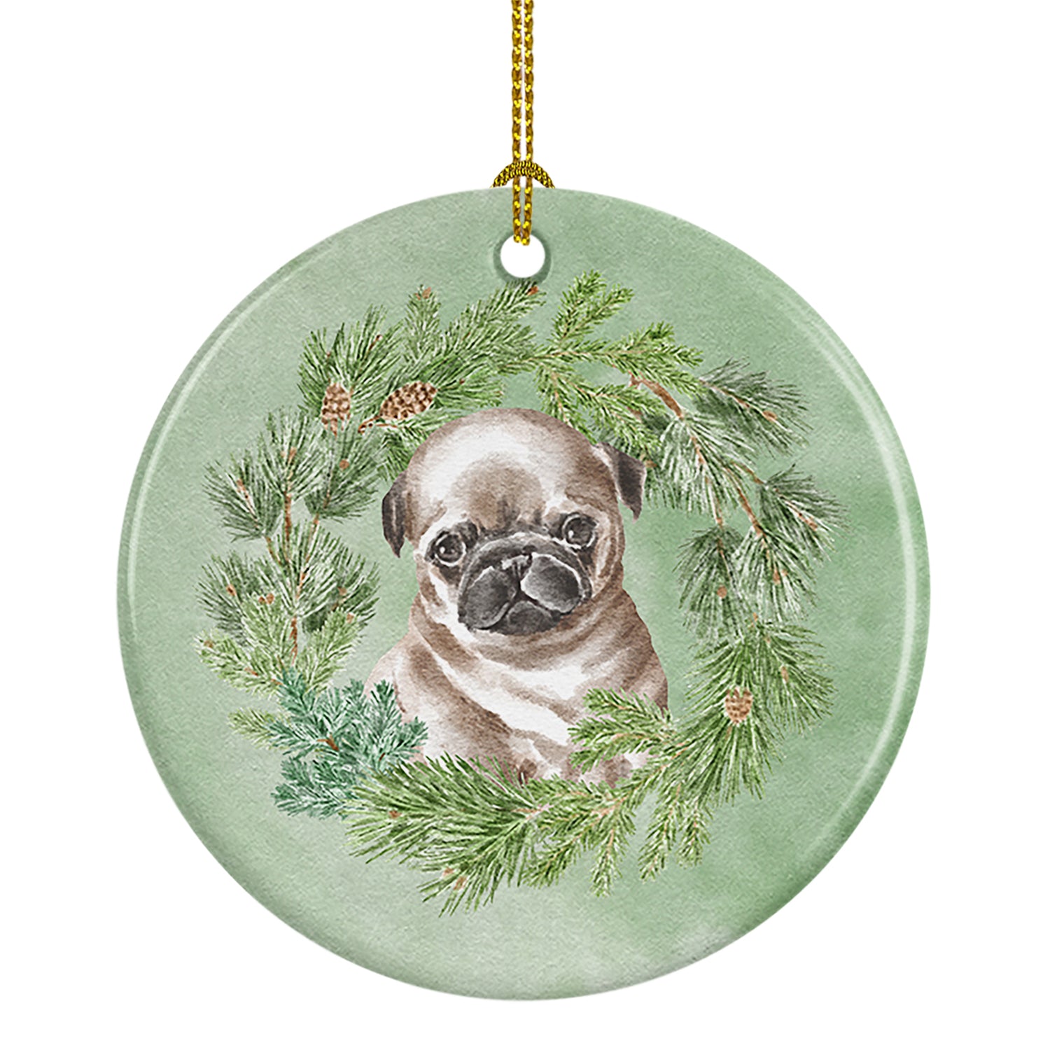 Buy this Pug Puppy Fawn Head Tilt Christmas Wreath Ceramic Ornament