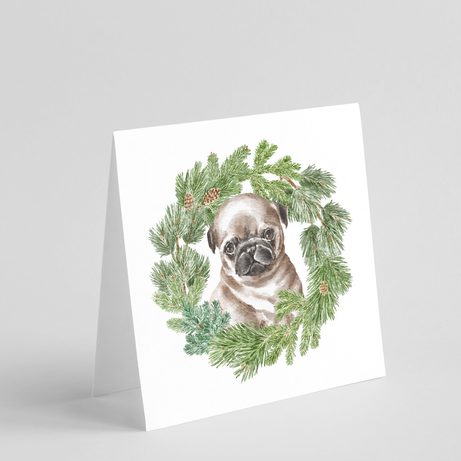 Buy this Pug Puppy Fawn Head Tilt with Christmas Wreath Square Greeting Cards and Envelopes Pack of 8