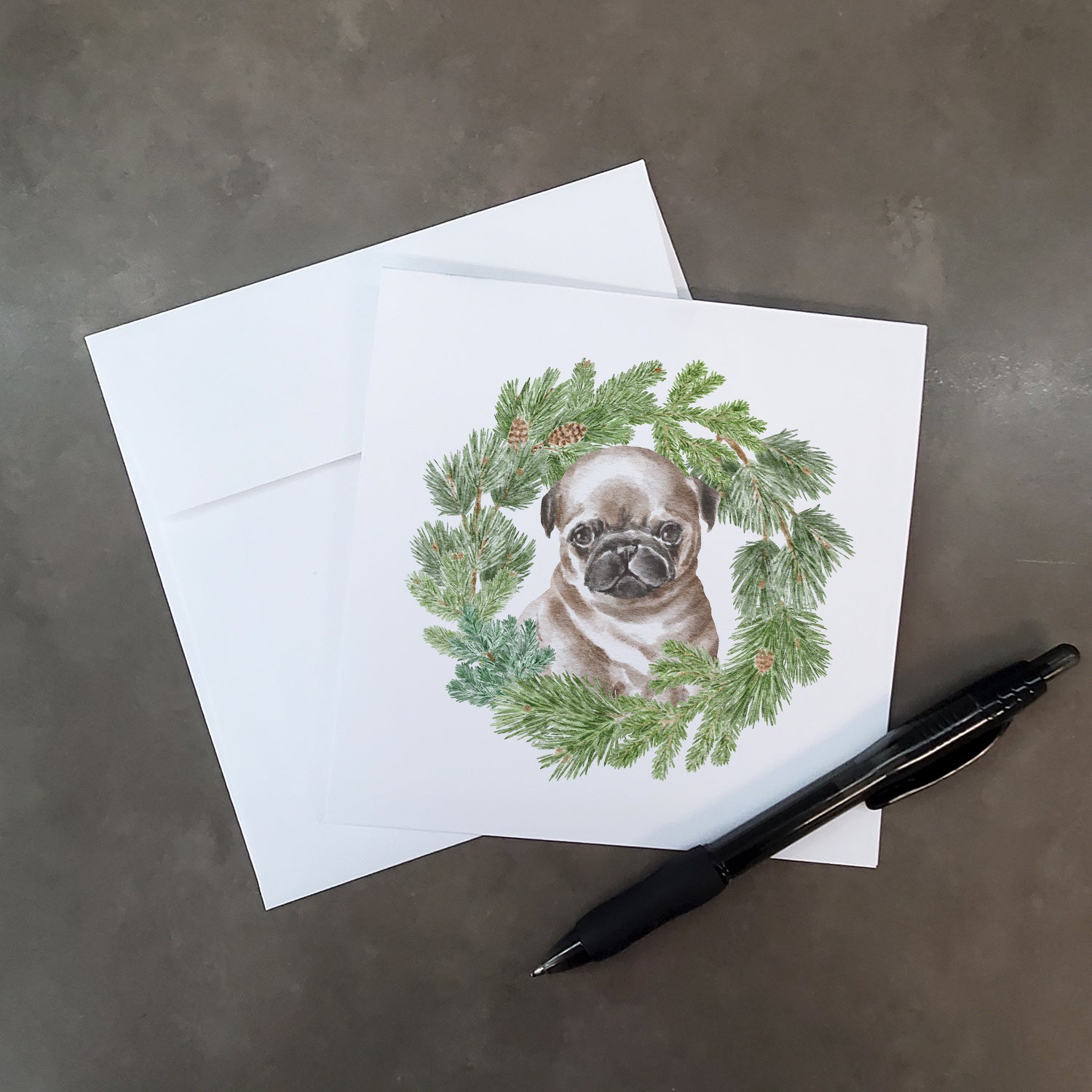 Pug Puppy Fawn Head Tilt with Christmas Wreath Square Greeting Cards and Envelopes Pack of 8 - the-store.com