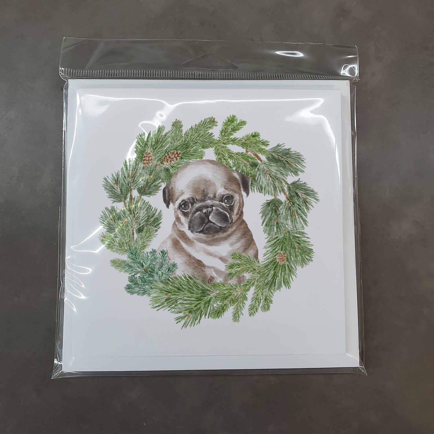 Pug Puppy Fawn Head Tilt with Christmas Wreath Square Greeting Cards and Envelopes Pack of 8 - the-store.com