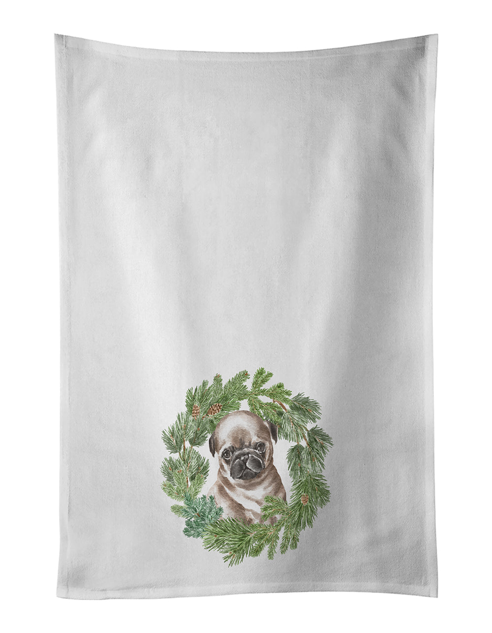 Buy this Pug Puppy Fawn Head Tilt Christmas Wreath White Kitchen Towel Set of 2