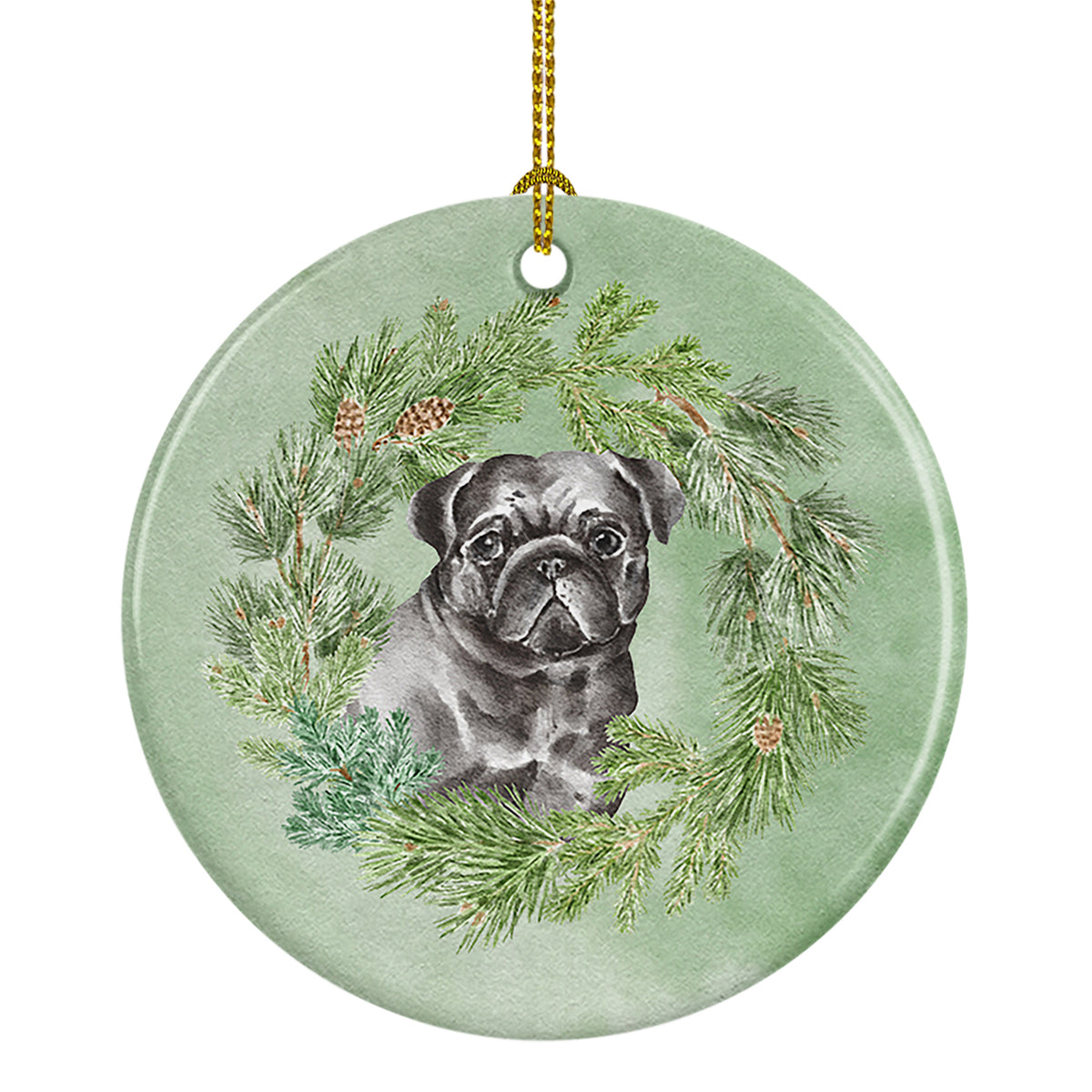 Buy this Pug Black Christmas Wreath Ceramic Ornament